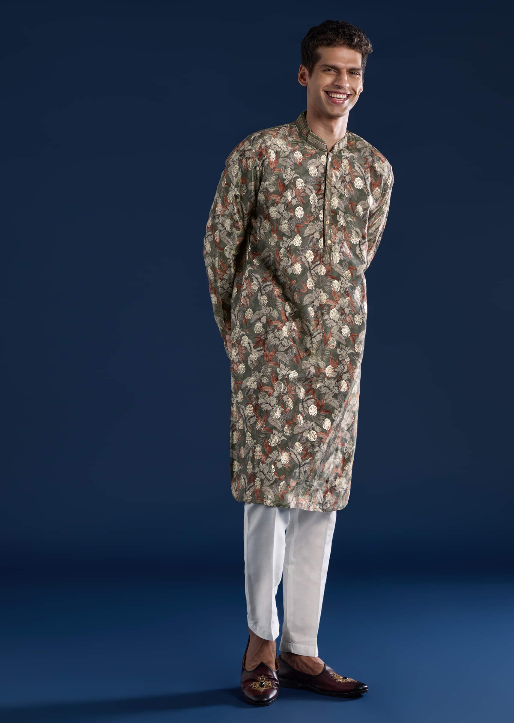Mehendi Green Foil Work Mens Kurta and Pant Set - Image 2