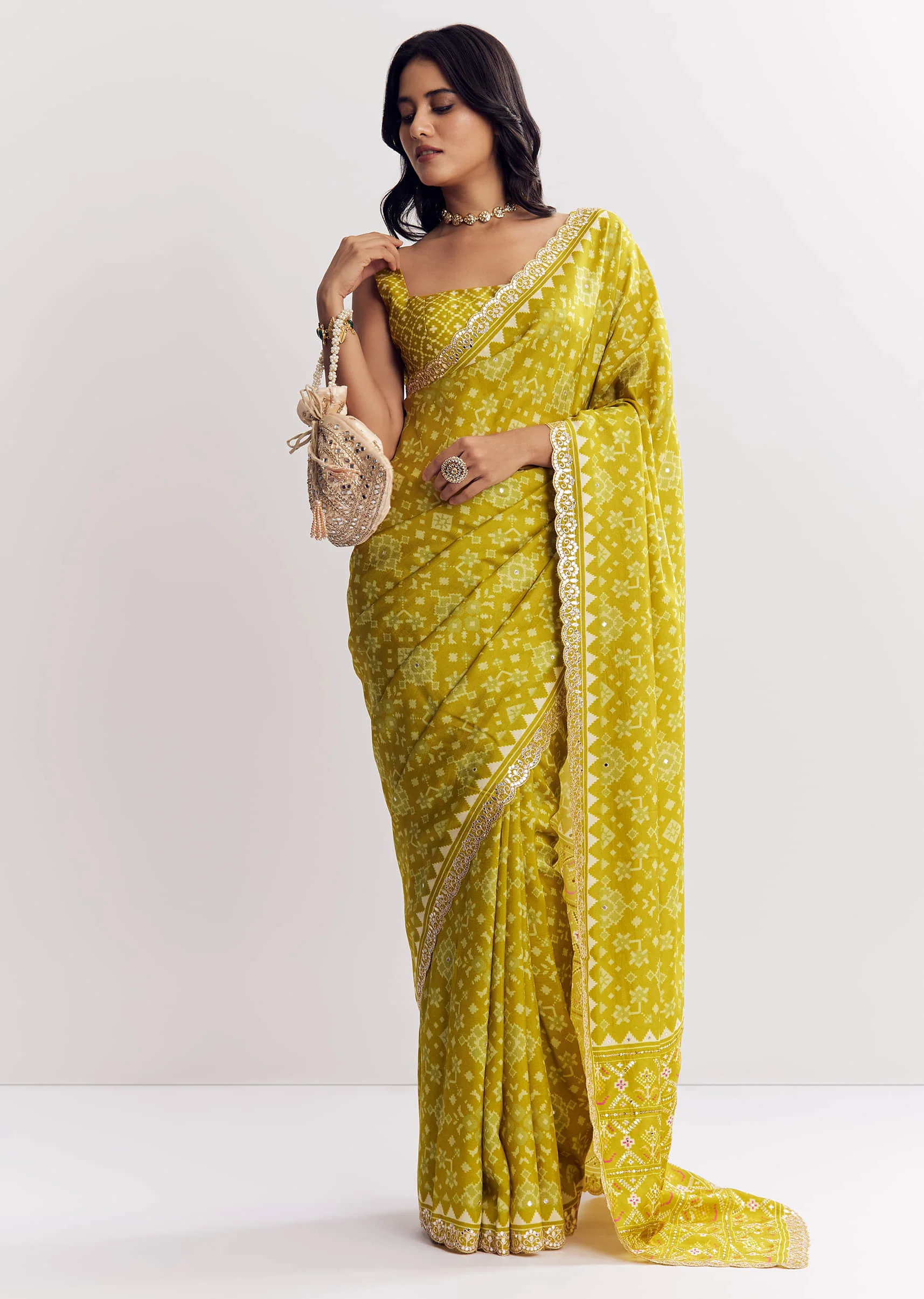 Mehendi Green Muslin Ajrakh Printed Saree With Gota And Mirror Work - Image 3