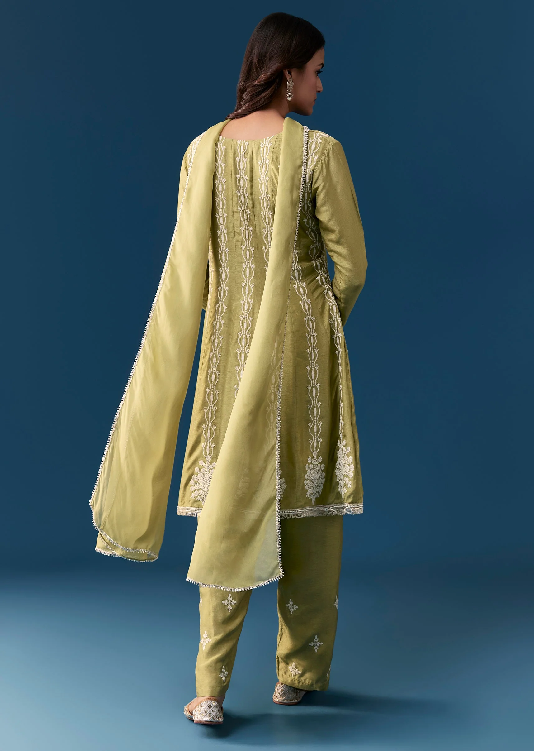 Mehendi Green Pastel Pakistani Style Peplum Anarkali Suit With Thread Work - Image 5