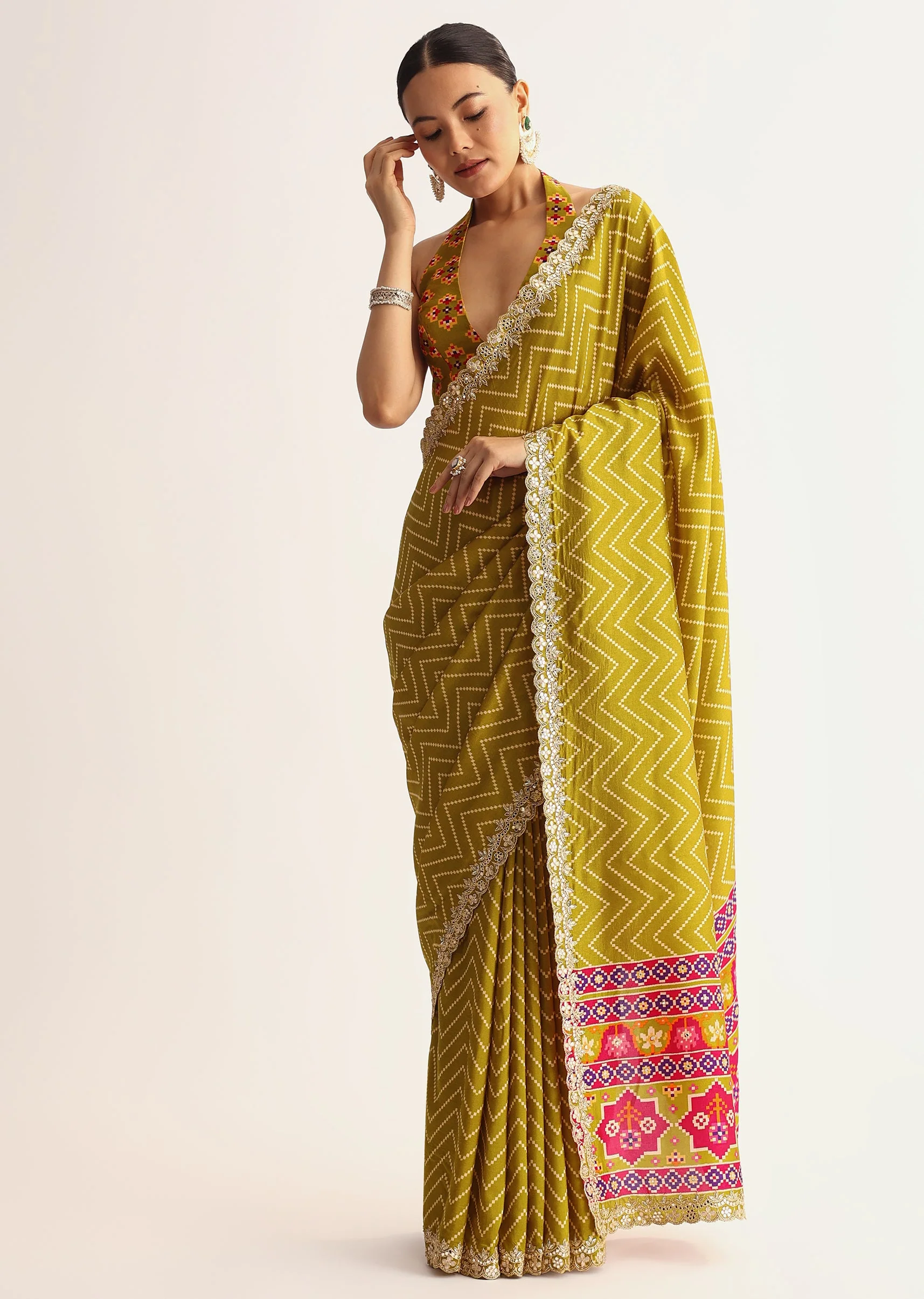 Mehendi Green Patola Printed Satin Saree With Scallop Embroidered Border - Image 10