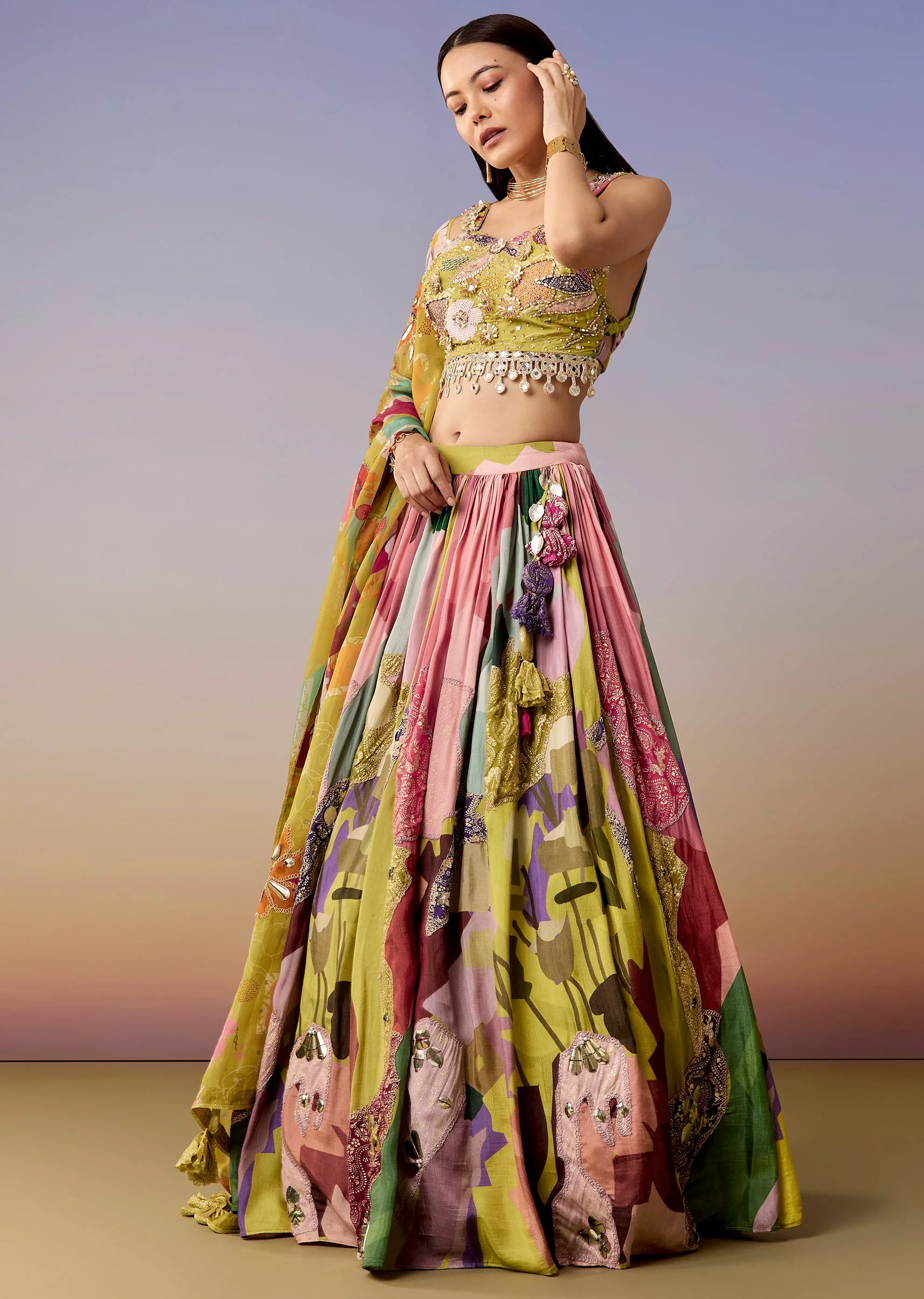 Mehendi Green Printed Bridesmaid Lehenga Set - Image 4