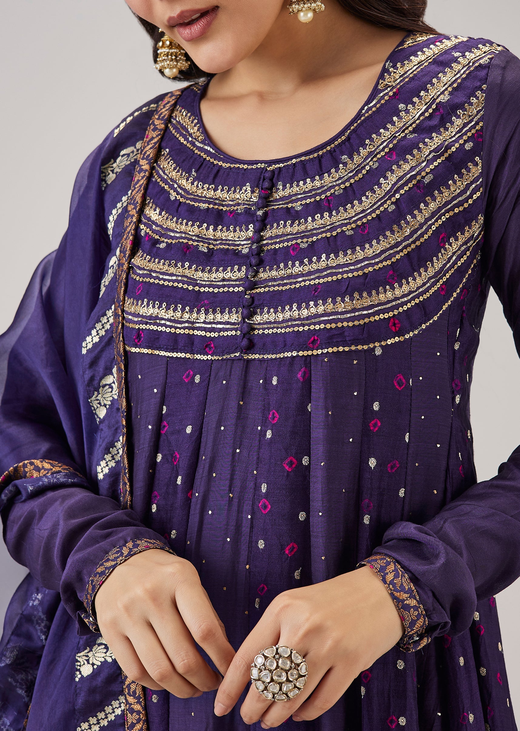 Midnight Blue Banarasi Silk Bandhani Anarkali Set With Mukaish Work - Image 2