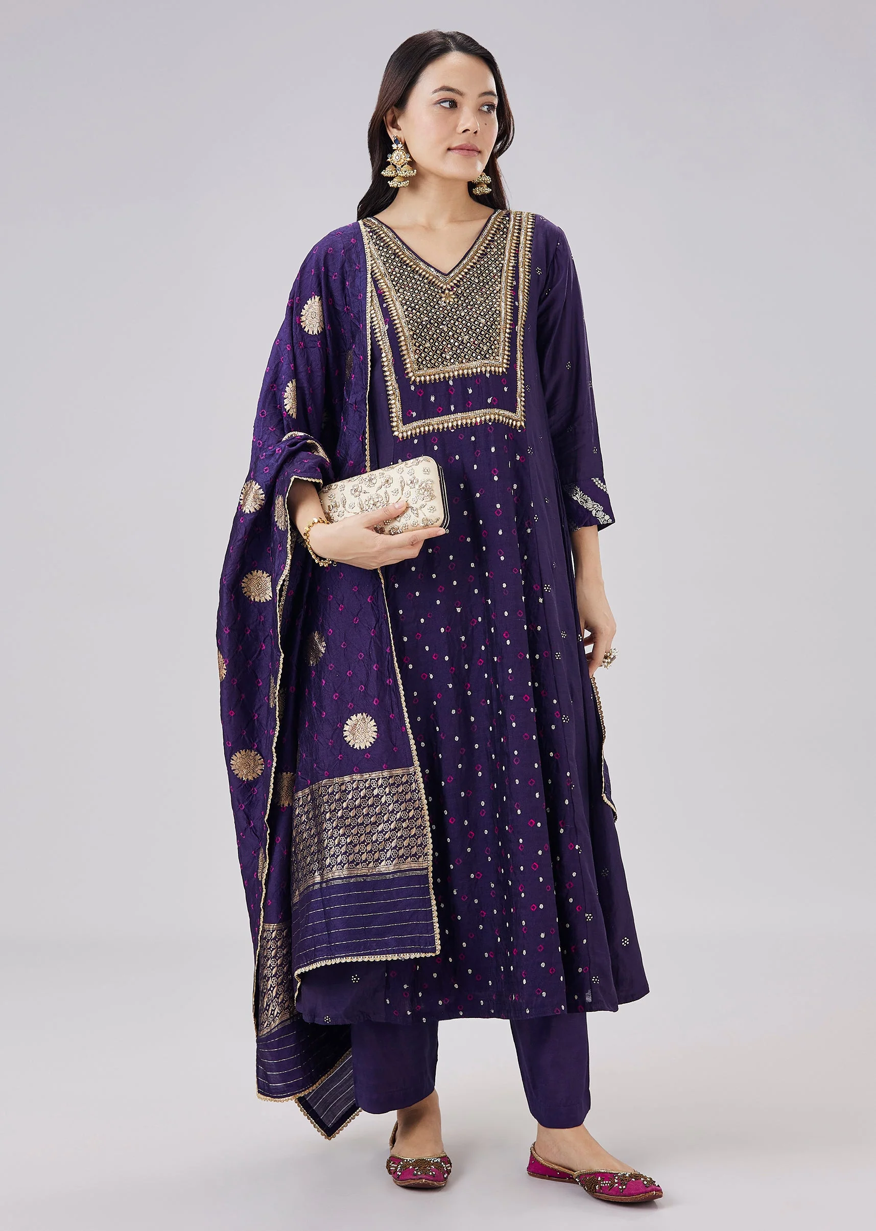 Midnight Blue Banarasi Silk Embellished Anarkali Set