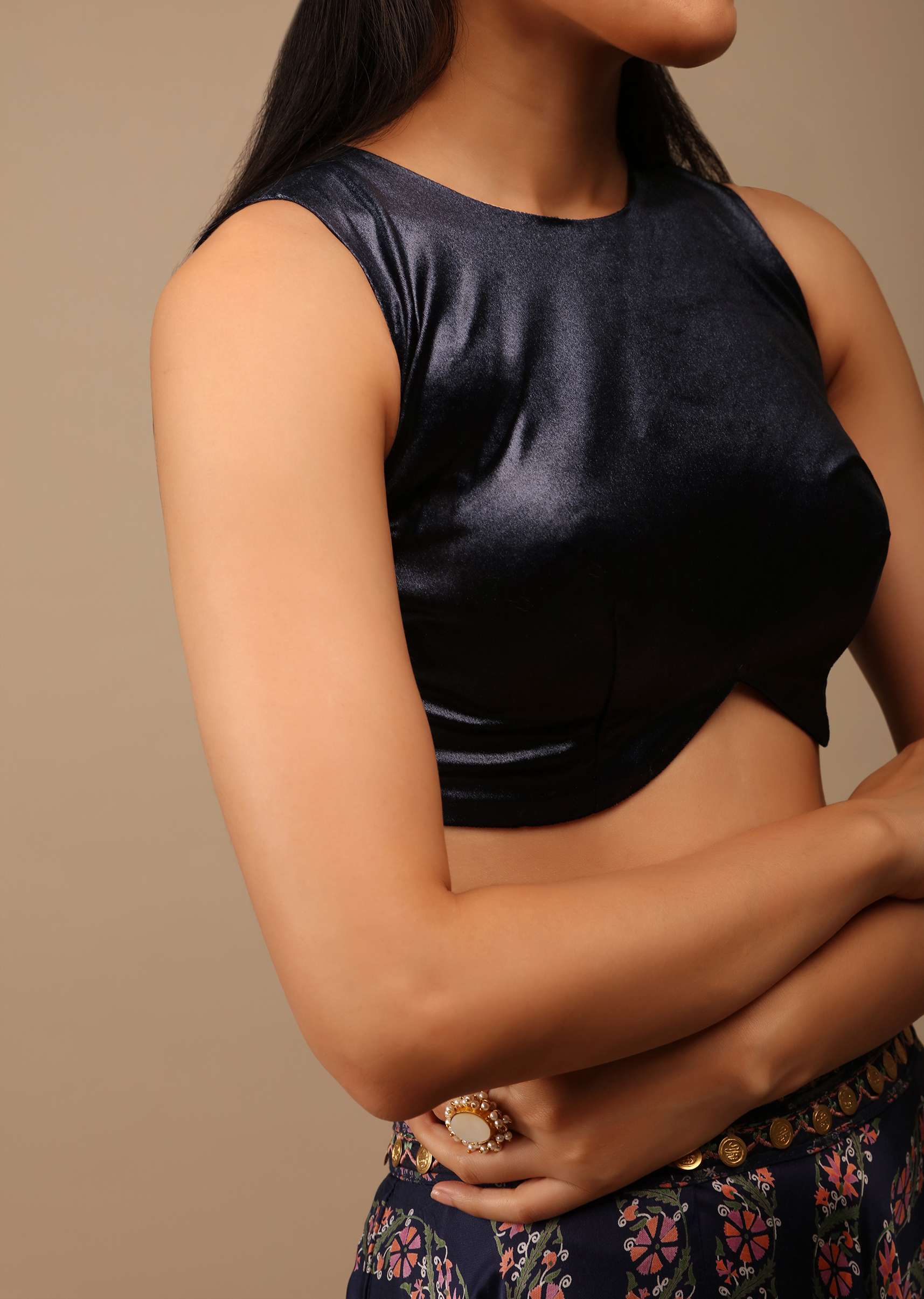 Midnight Blue Blouse In Satin With Curved Hem, Round Neckline And Back Zip Detail - Image 3