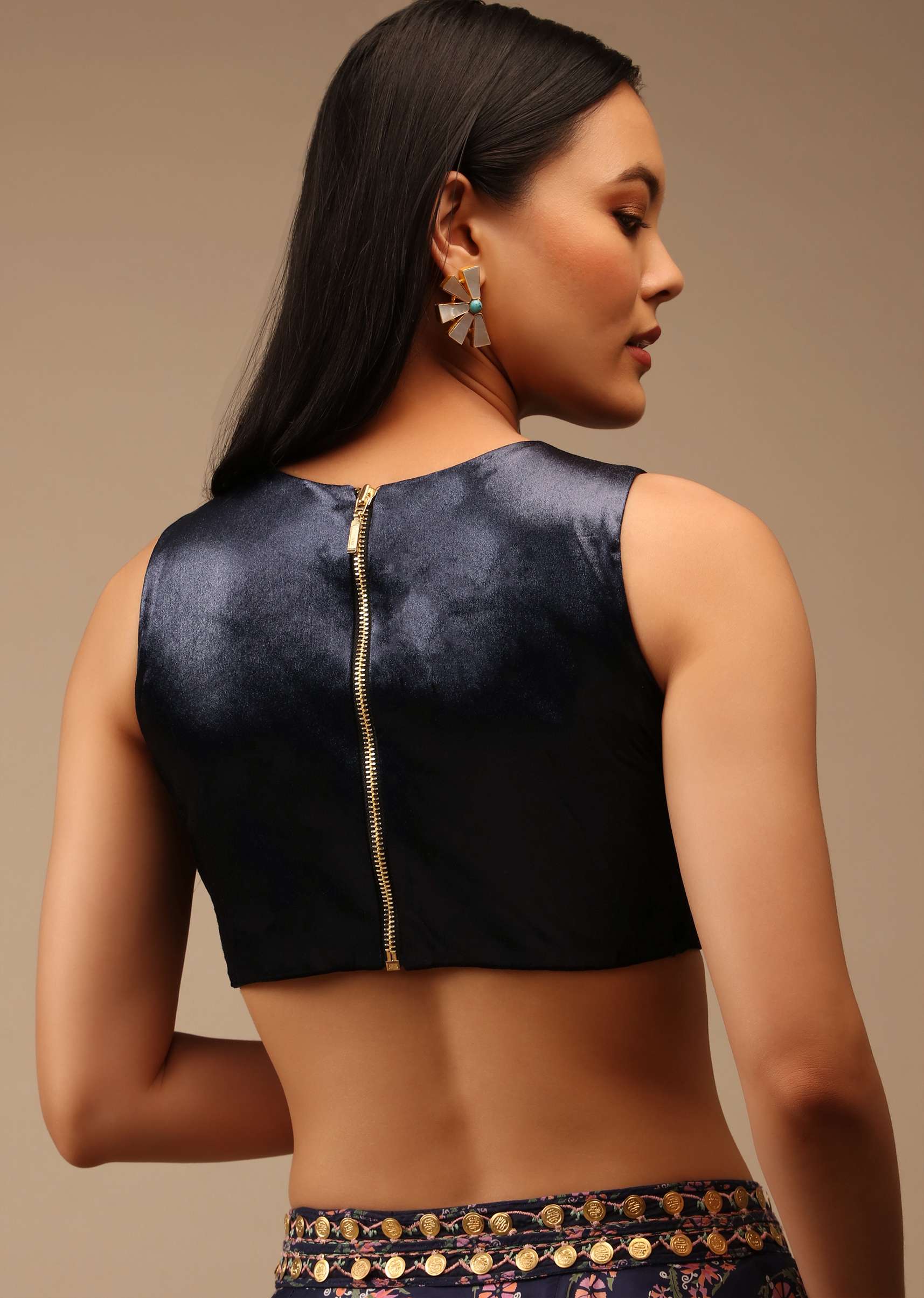Midnight Blue Blouse In Satin With Curved Hem, Round Neckline And Back Zip Detail - Image 5