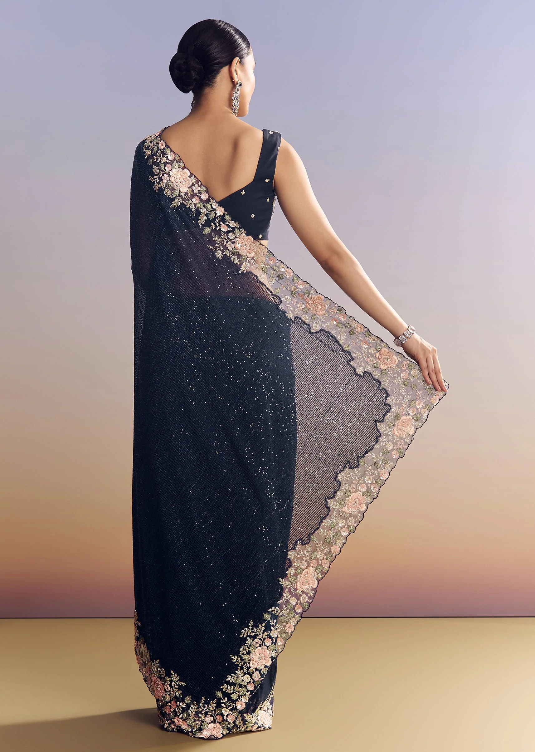 Midnight Blue Half And Half Saree With Floral Sequin Embroidery - Image 6