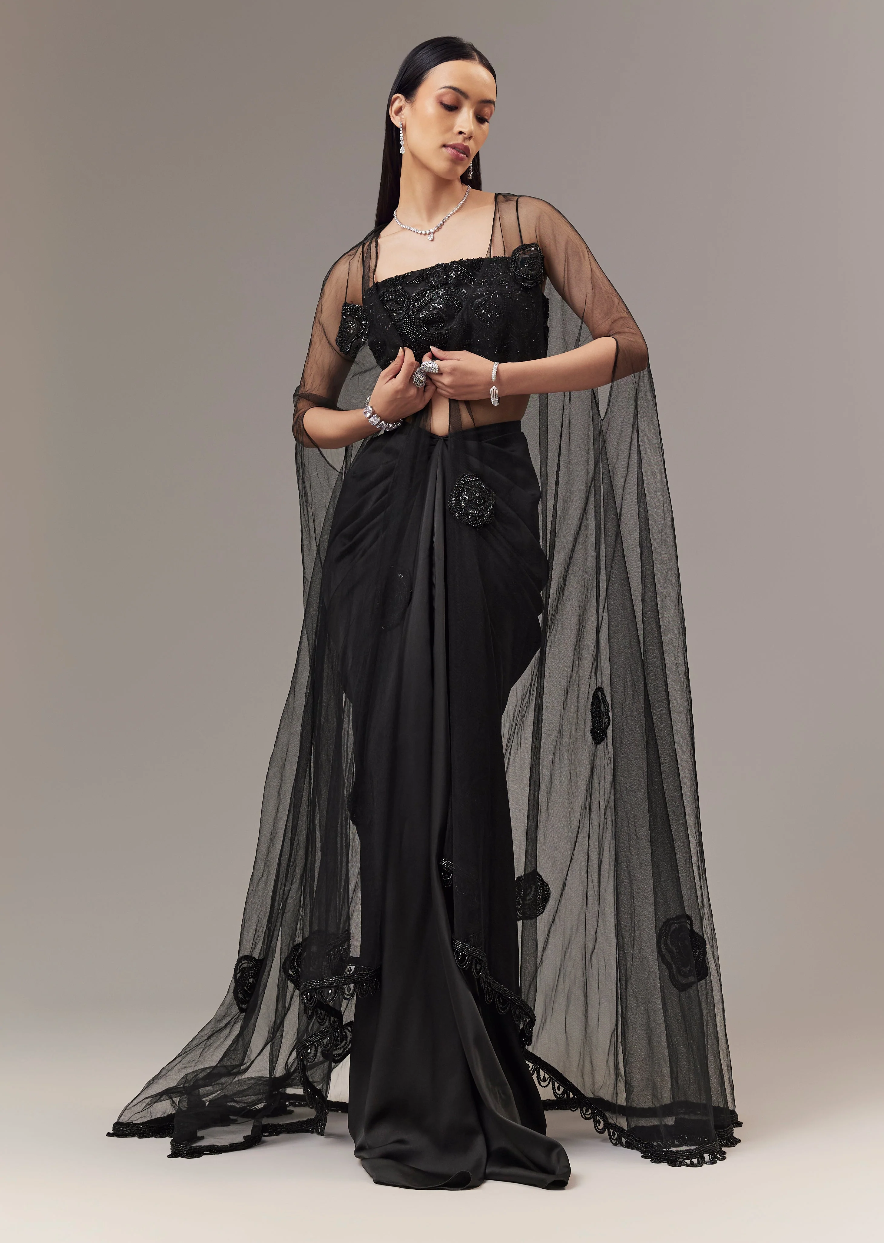 Midnight Duo Couple Set β Black Satin Indo-Western Crop Top And Draped Skirt for Her And Black Cutdana Indo-Western Suit for Him - Image 3