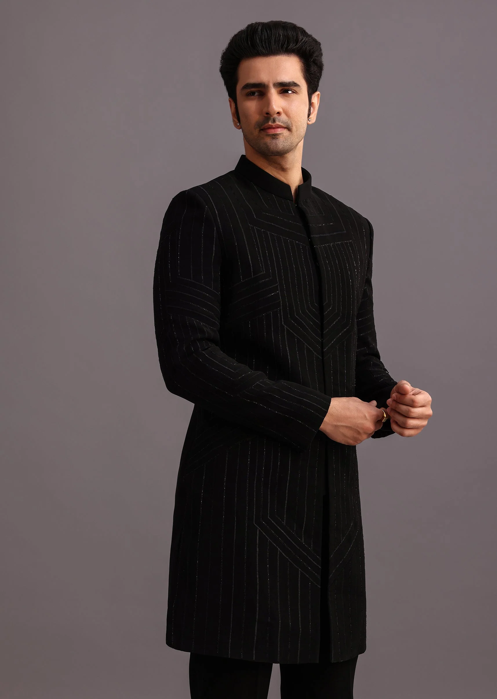 Midnight Duo Couple Set β Black Satin Indo-Western Crop Top And Draped Skirt for Her And Black Cutdana Indo-Western Suit for Him - Image 6