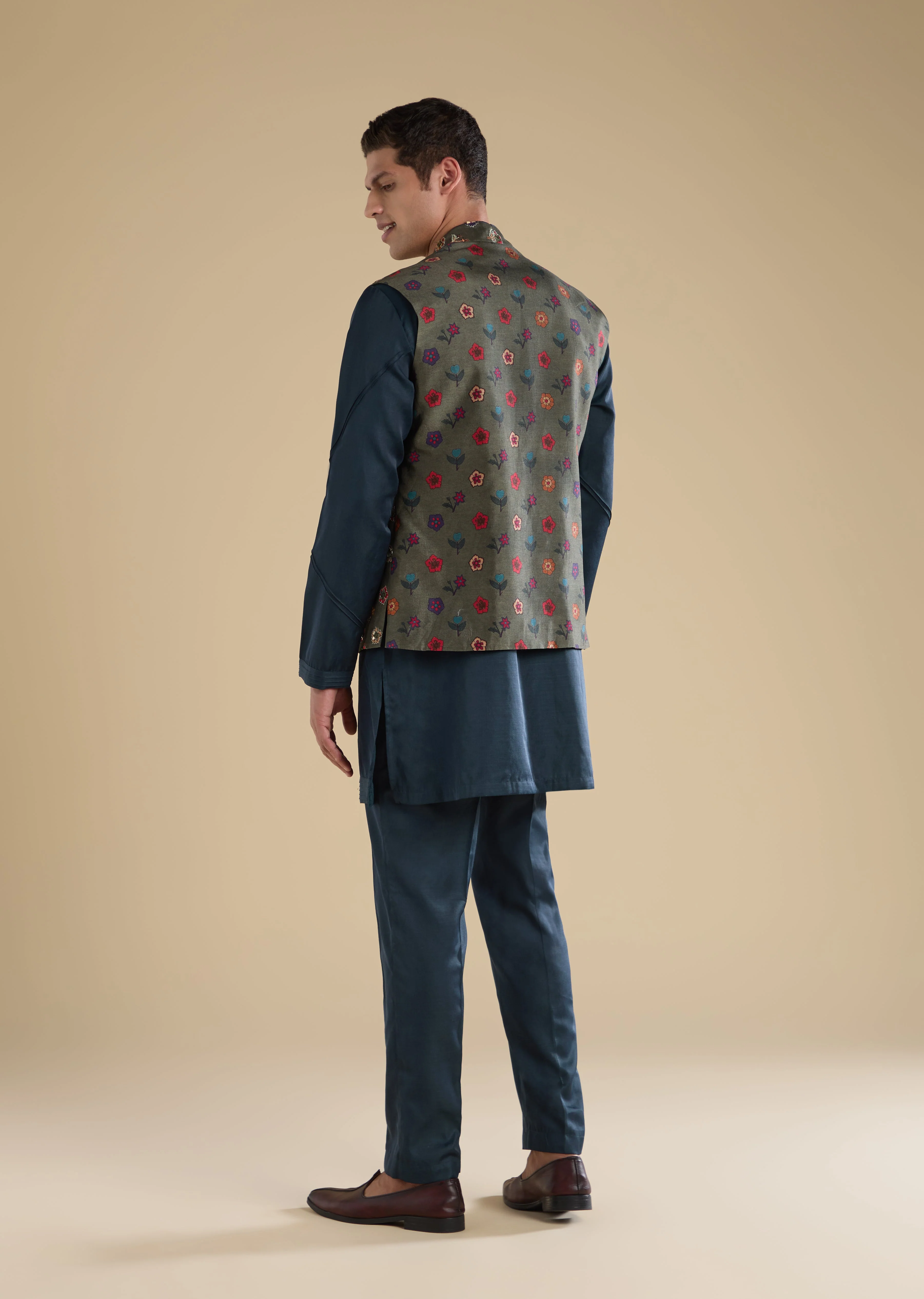 Midnight Zardosi Statement Couple Set – Navy Zardosi Kurta Sharara Set with Organza Dupatta for Her And Green Embellished Jacket Kurta Set for Him - Image 9