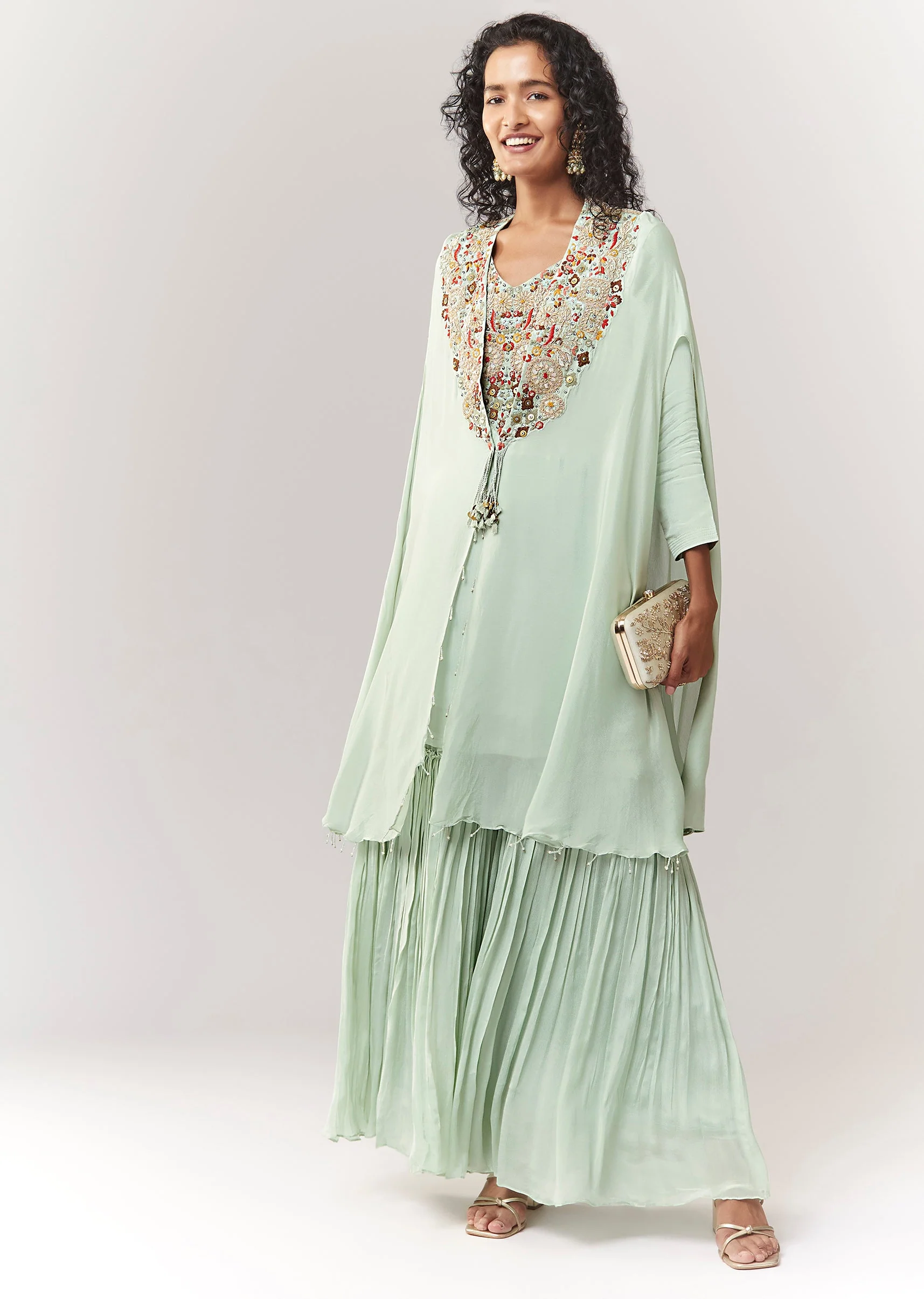 Mint Blue Kurta Cape Sharara Set With Thread And Zardosi Work