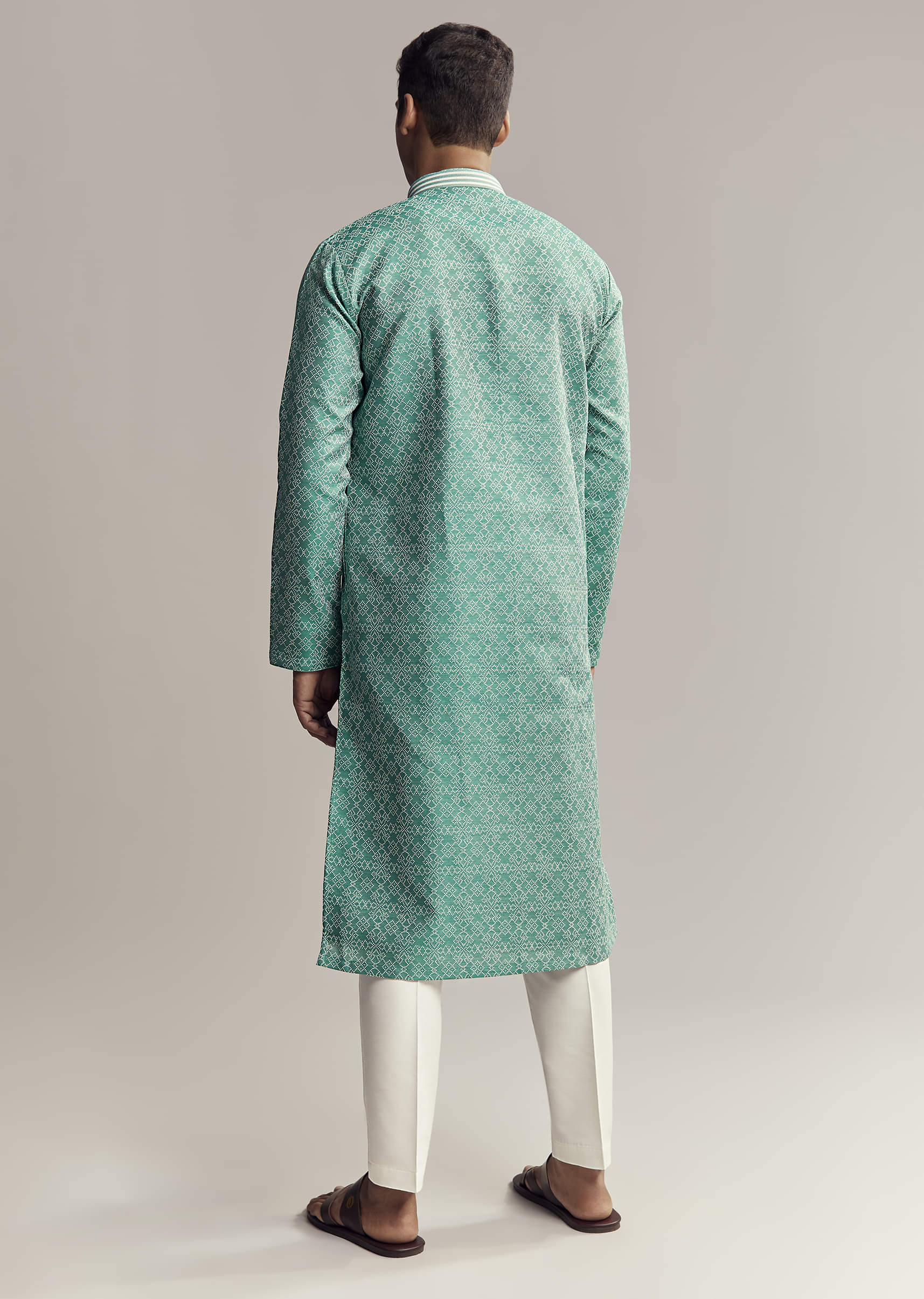Mint Green Jacquard Kurta Set For Men - Image 5
