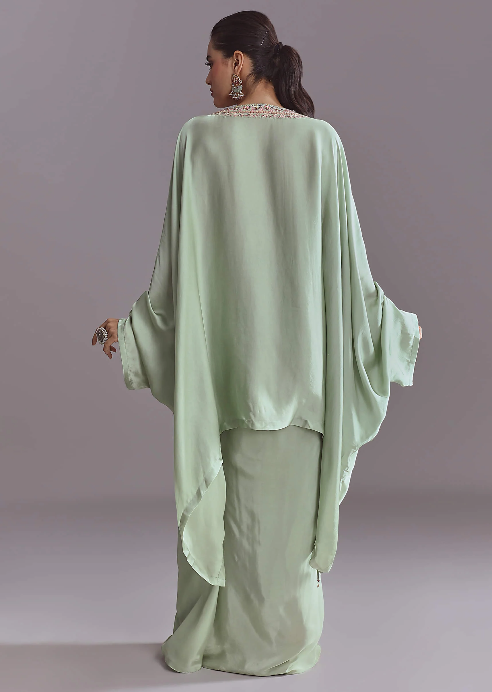 Mint Green Silk Kaftan Top And Drape Skirt Set With Resham Work - Image 5