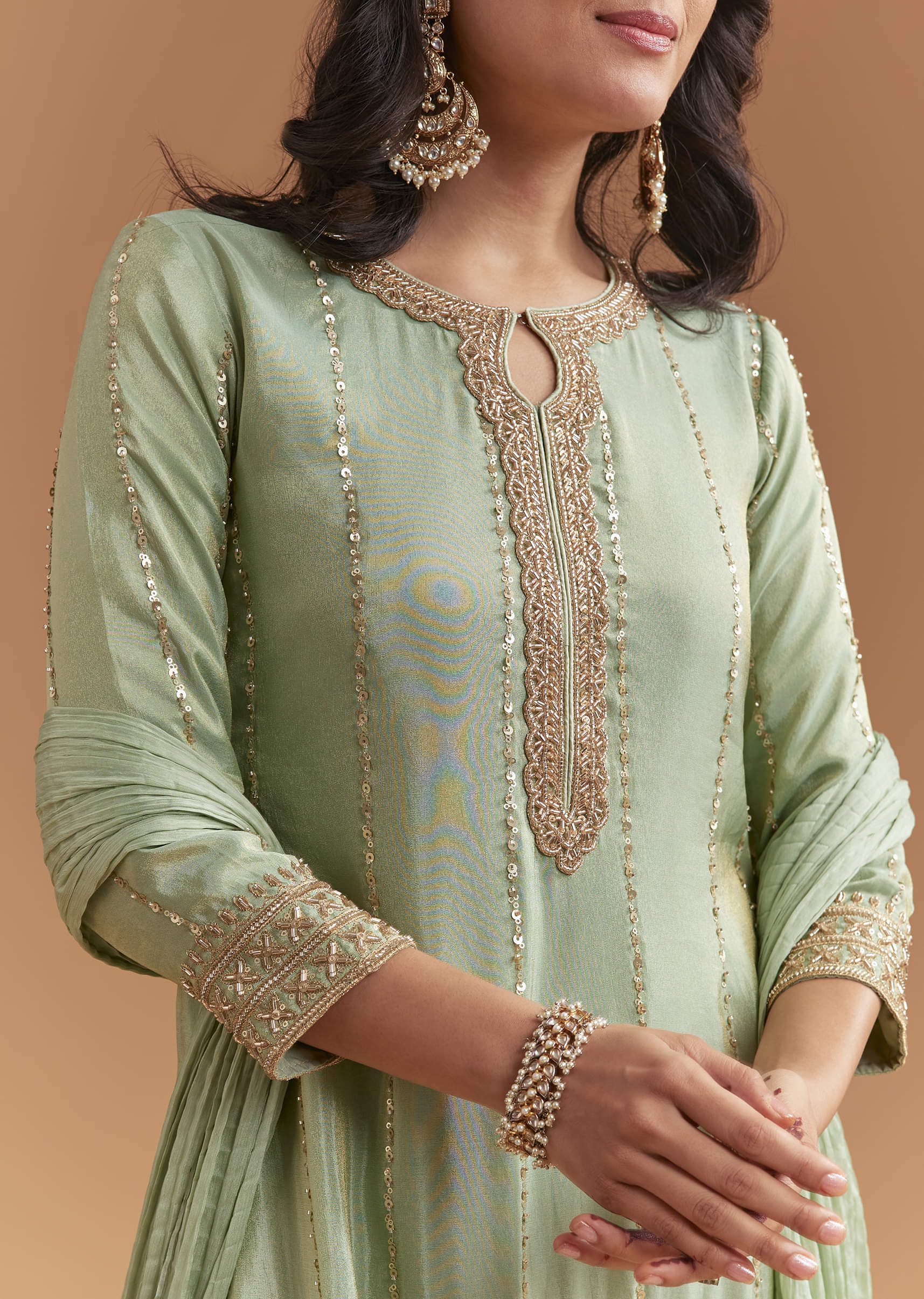Mint Green Tissue Sharara Suit With Beads And Sequins Work - Image 2