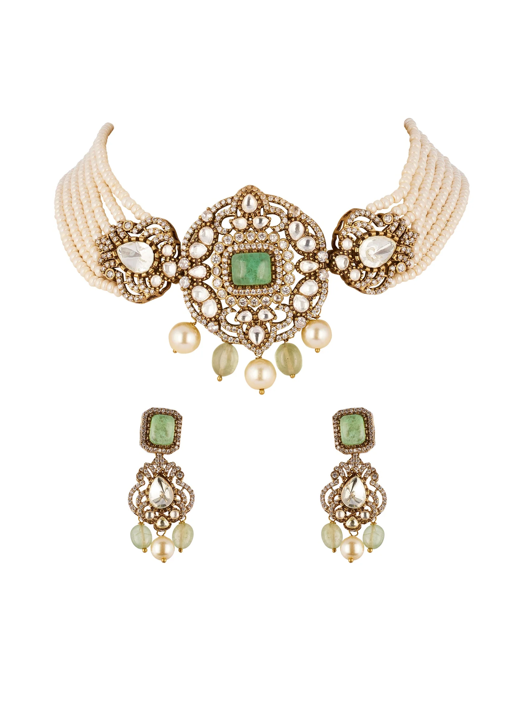 Mint Green Traditional Gold Kundan Polki Necklace Set with Faux Pearl