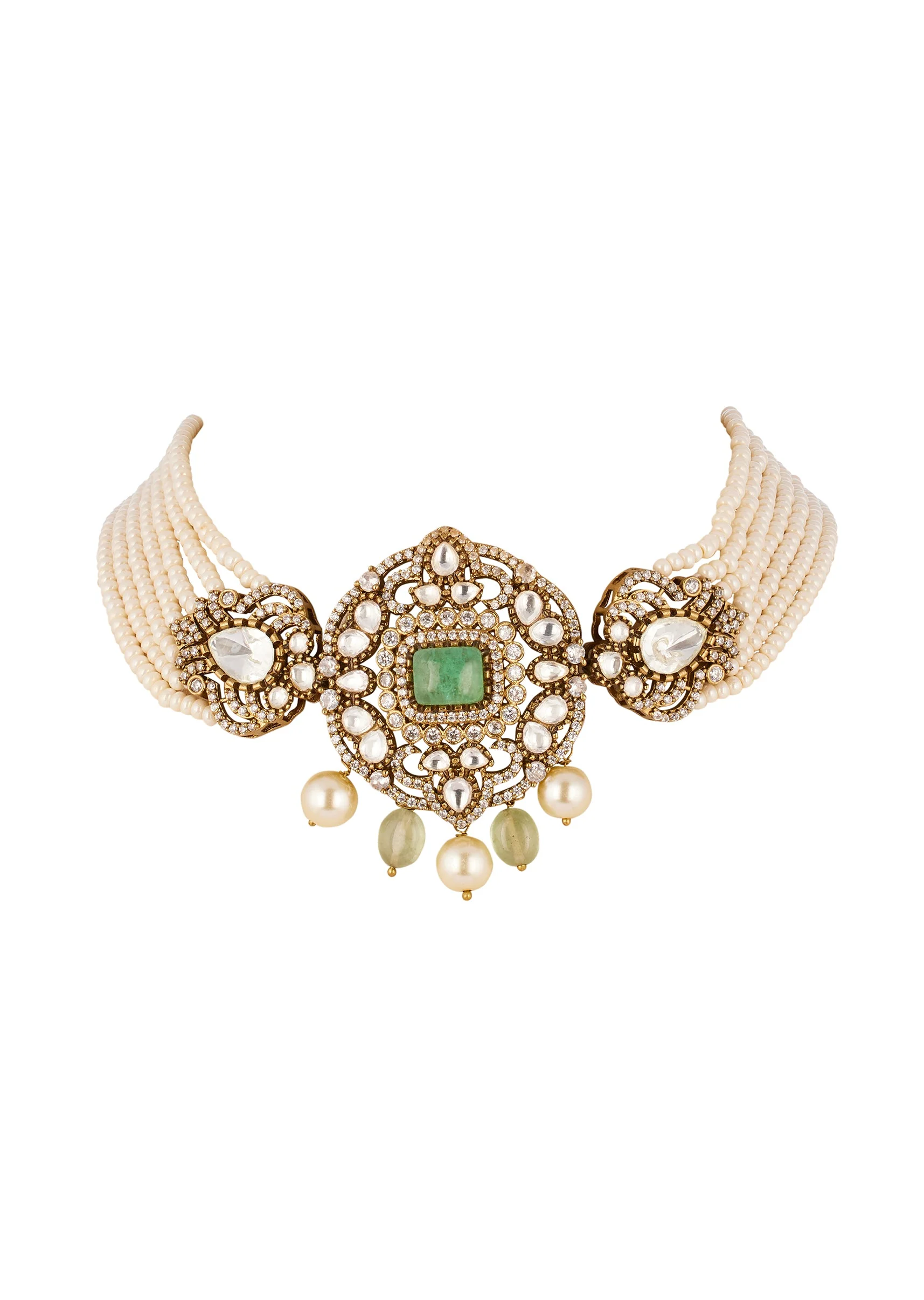 Mint Green Traditional Gold Kundan Polki Necklace Set with Faux Pearl - Image 2