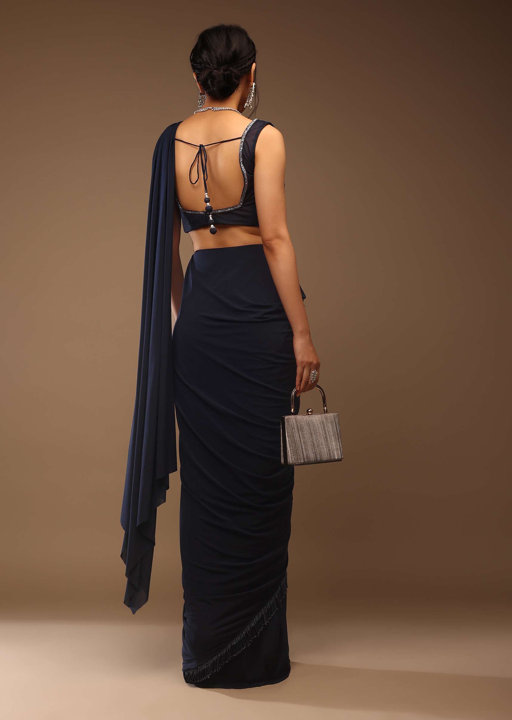 Mood Indigo Blue Ready-Pleated Saree With A Crop Top In Sequins Embroidery Corset Neckline With A Tie-Up Tassel Dori At The Back - Image 4