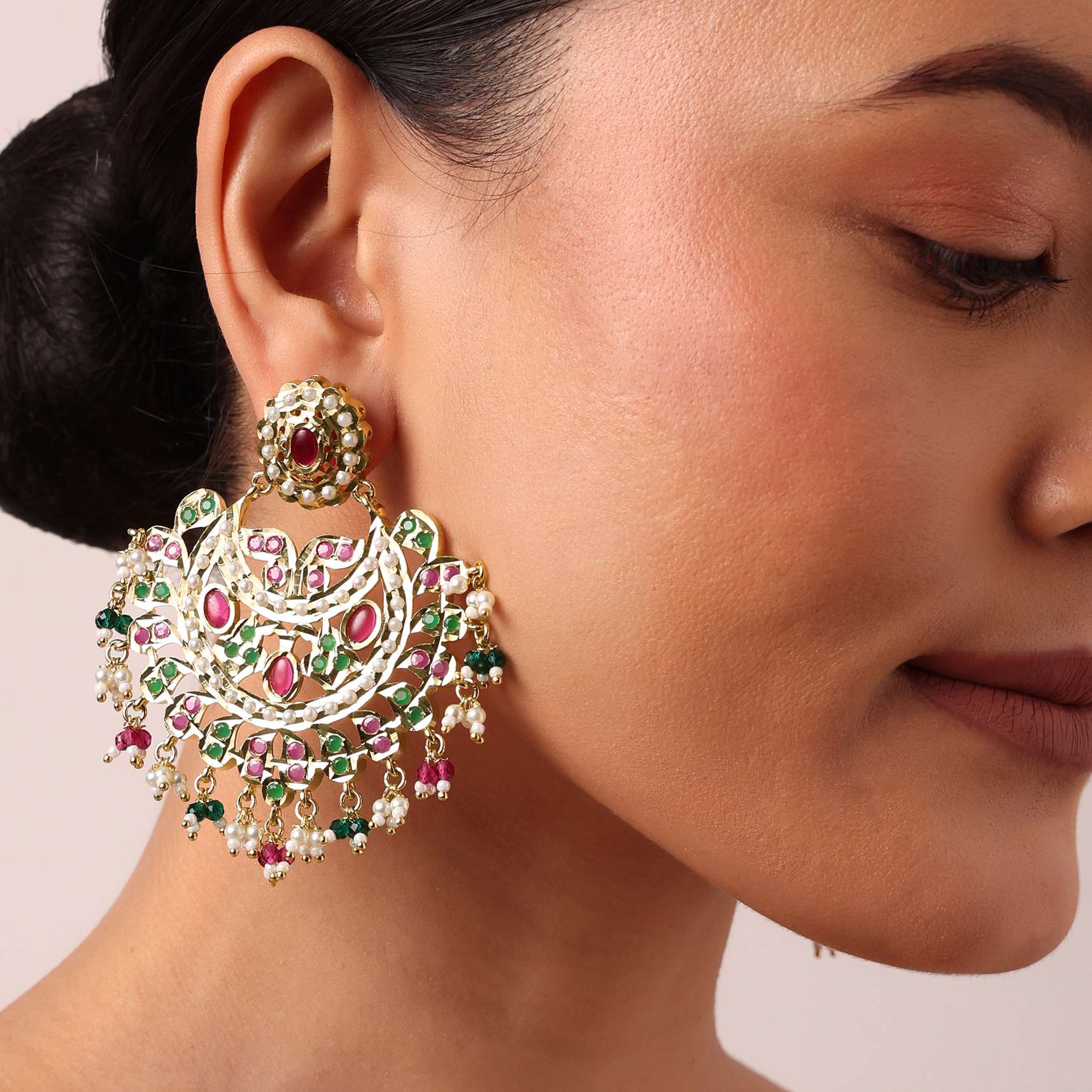 Multi Kundan Beaded Chandbalis - Image 2
