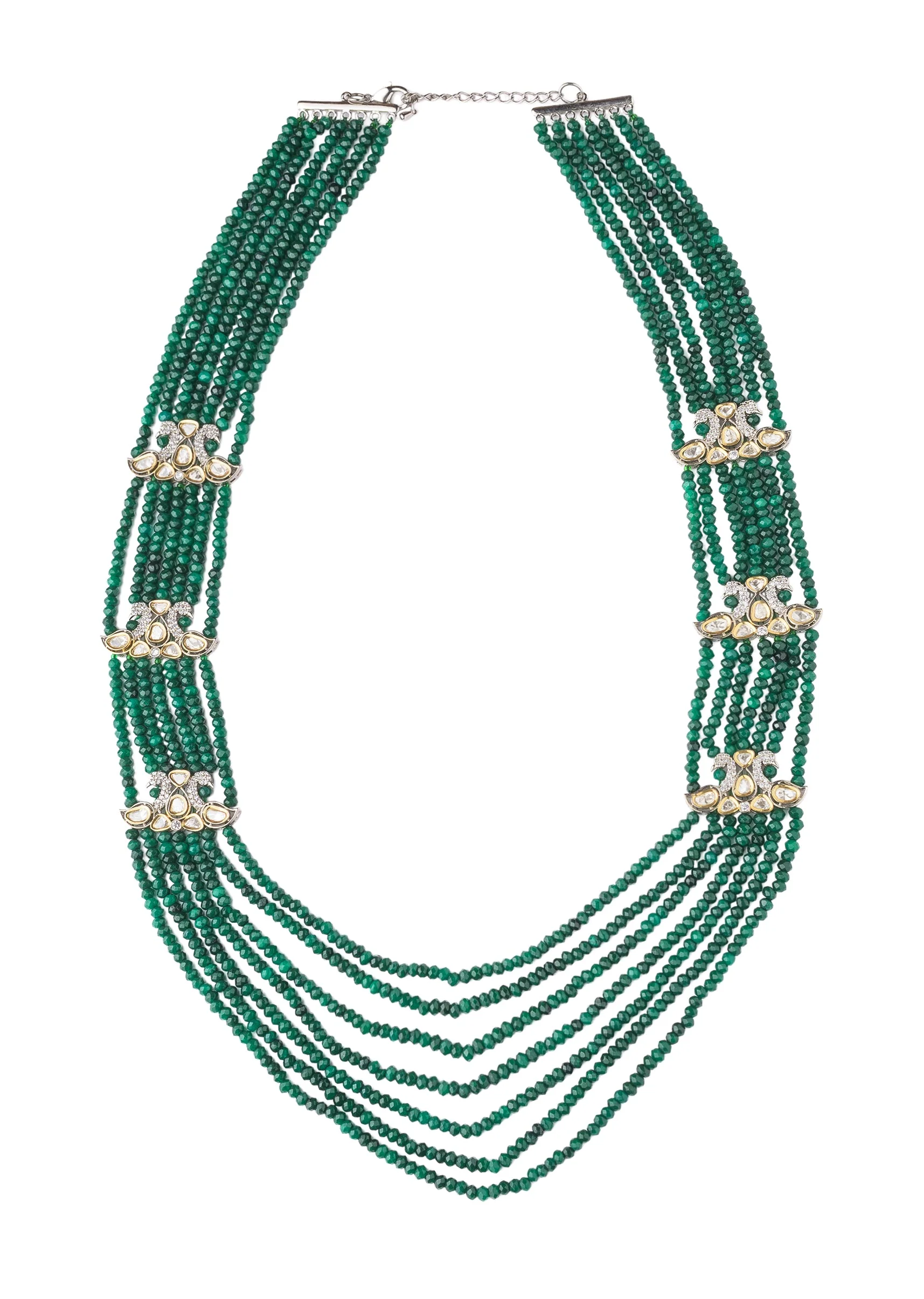 Multi Layer Green Beaded Necklace Set With Matching Long Earrings And Crystal Studded Separators - Image 3