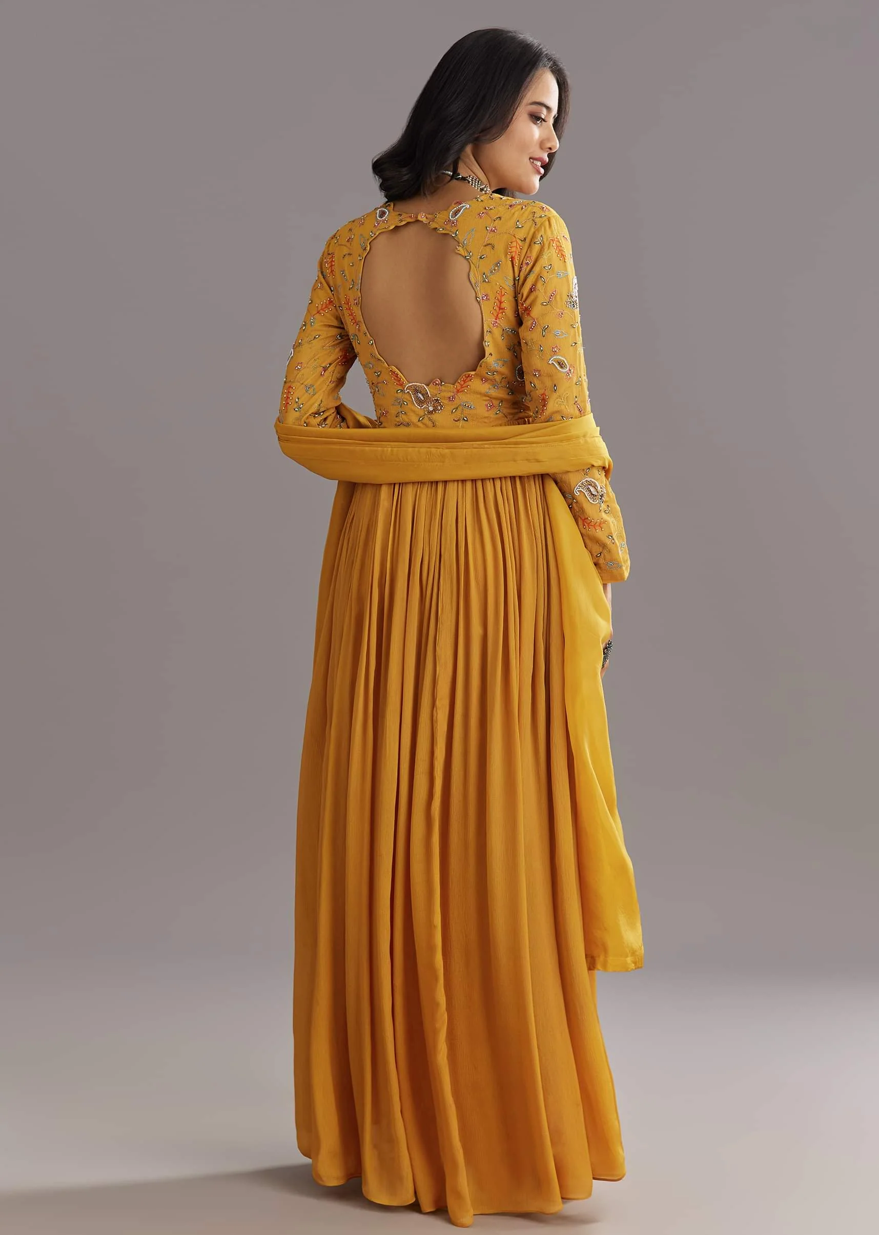 Mustard Chinon Anarkali Set With Moti Zari and Cut Dana Embroidery - Image 5