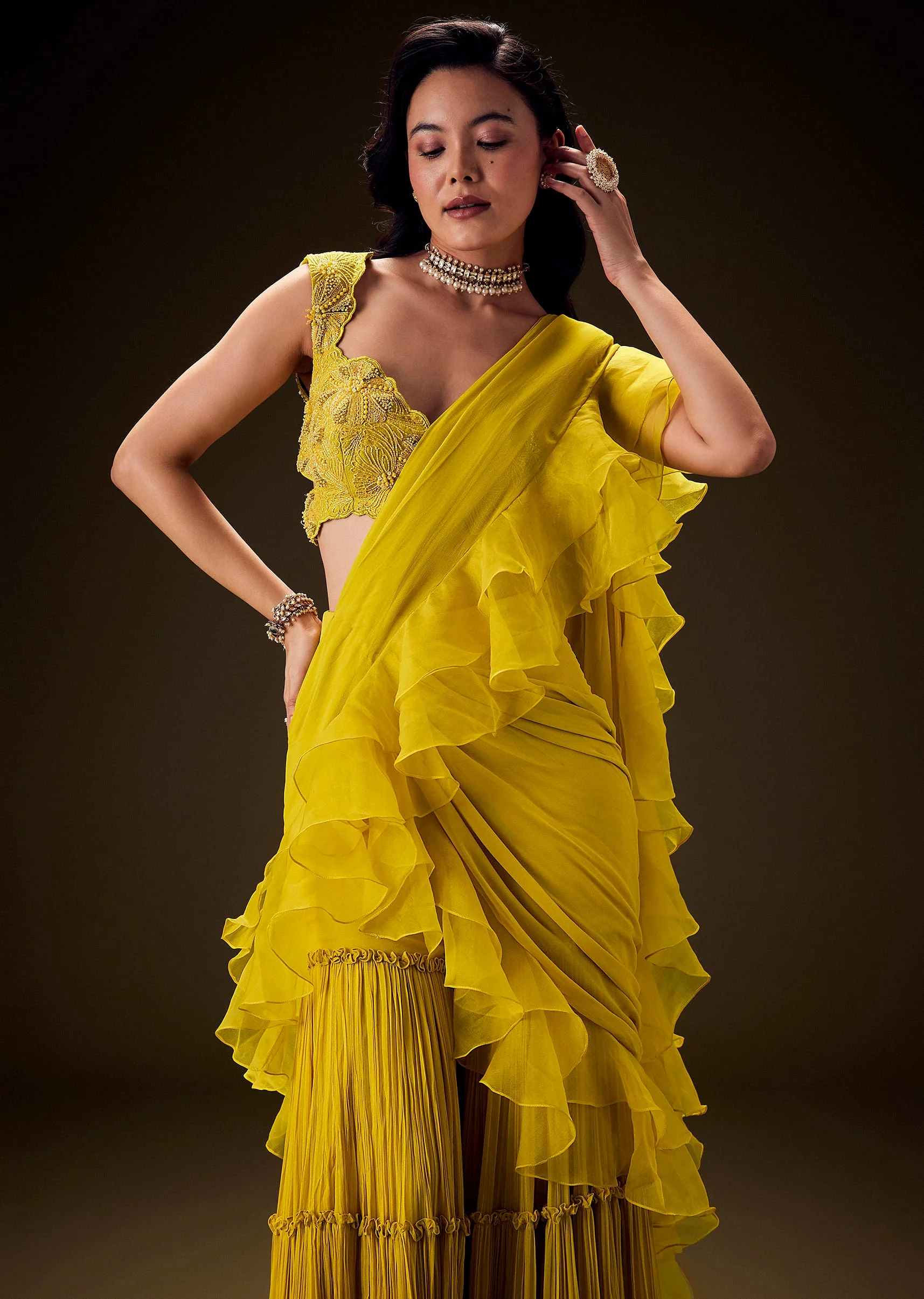 Mustard Embossed Embroidery Sweetheart Neckline Blouse With Tiered Sharara With Drape - Image 2