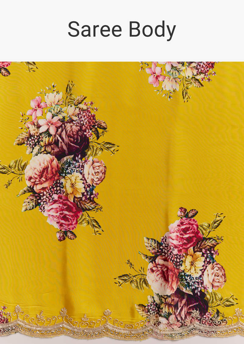 Mustard Floral Crepe Saree With Embroidered Scallop Border - Image 9