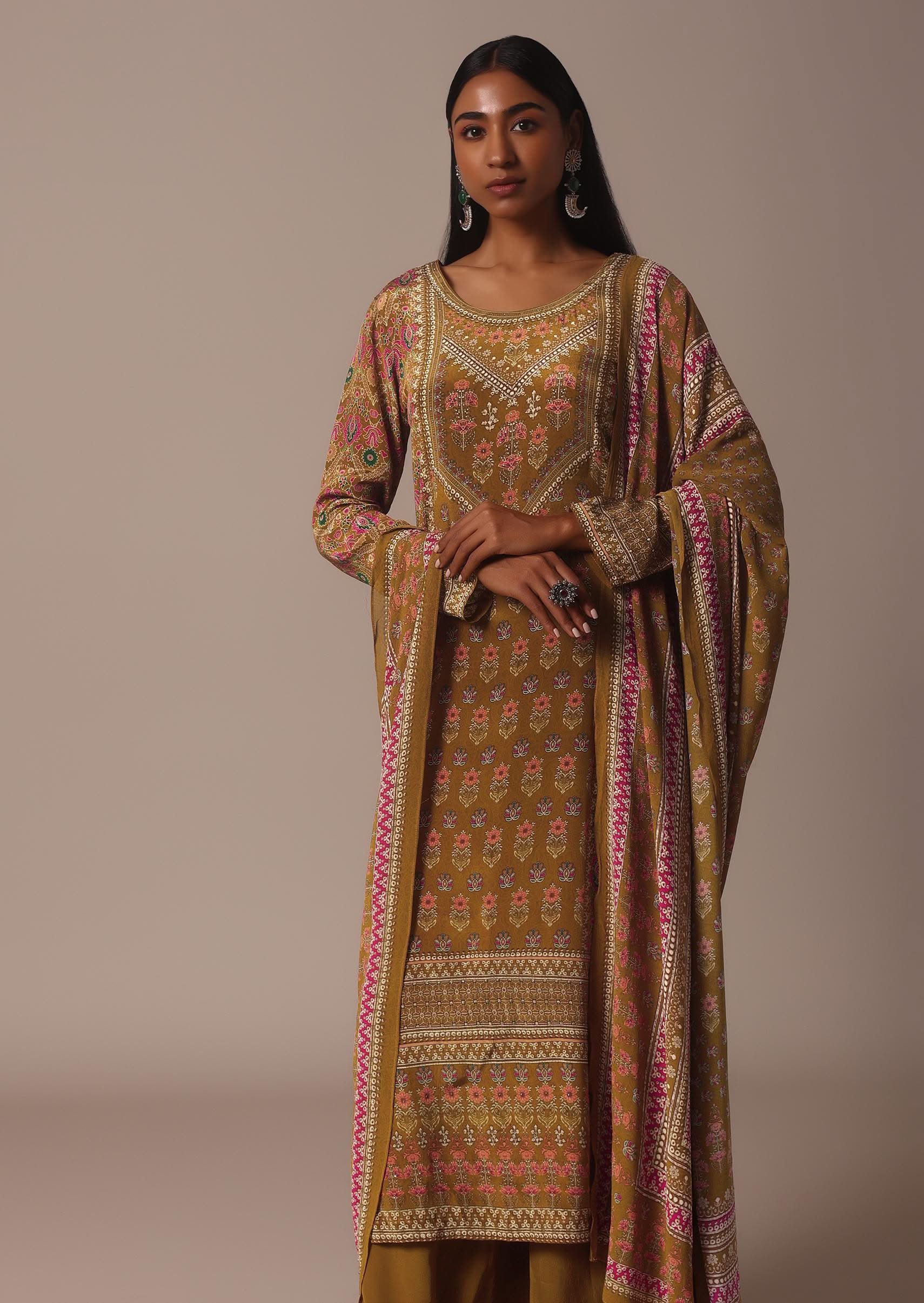Mustard Printed Palazzo Set In Chiffon With Stone Work Kurta - Image 4