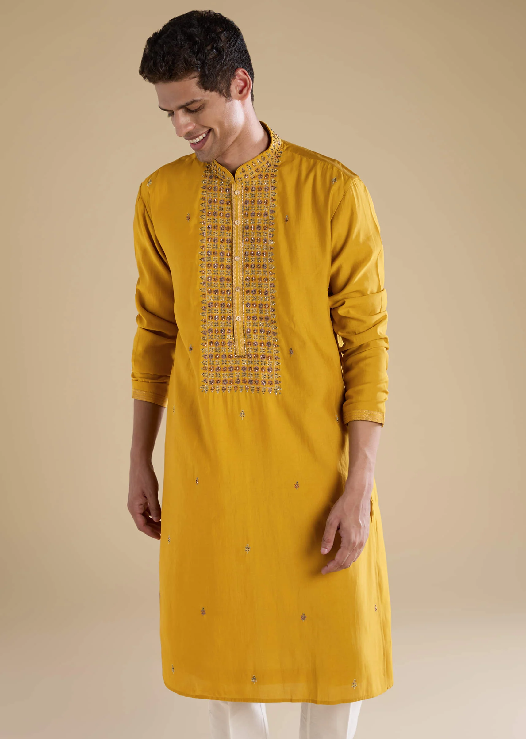 Mustard Yellow Bead Embellished Mens Kurta and Pant Set - Image 4