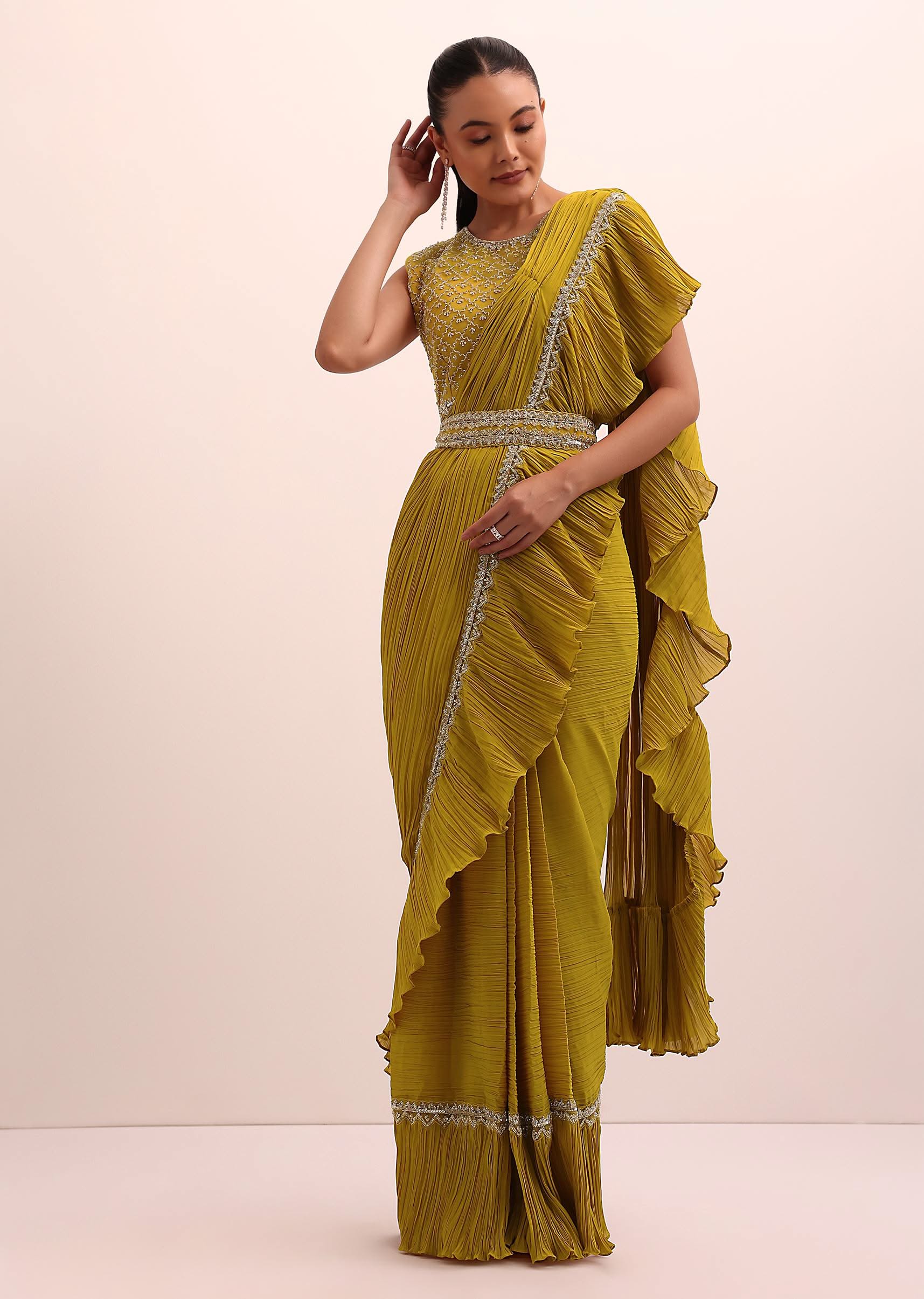 Mustard Yellow Georgette Frill Saree With Embellished Blouse - Image 3