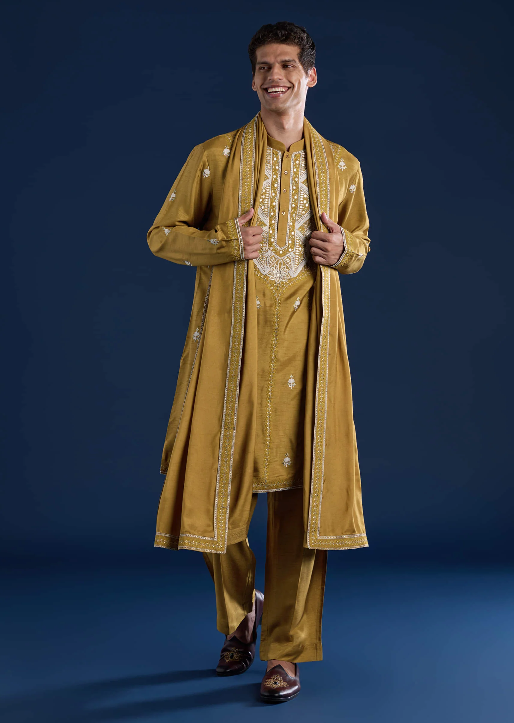 Mustard Yellow Hand Embroidered Kurta Set With Dupatta - Image 3