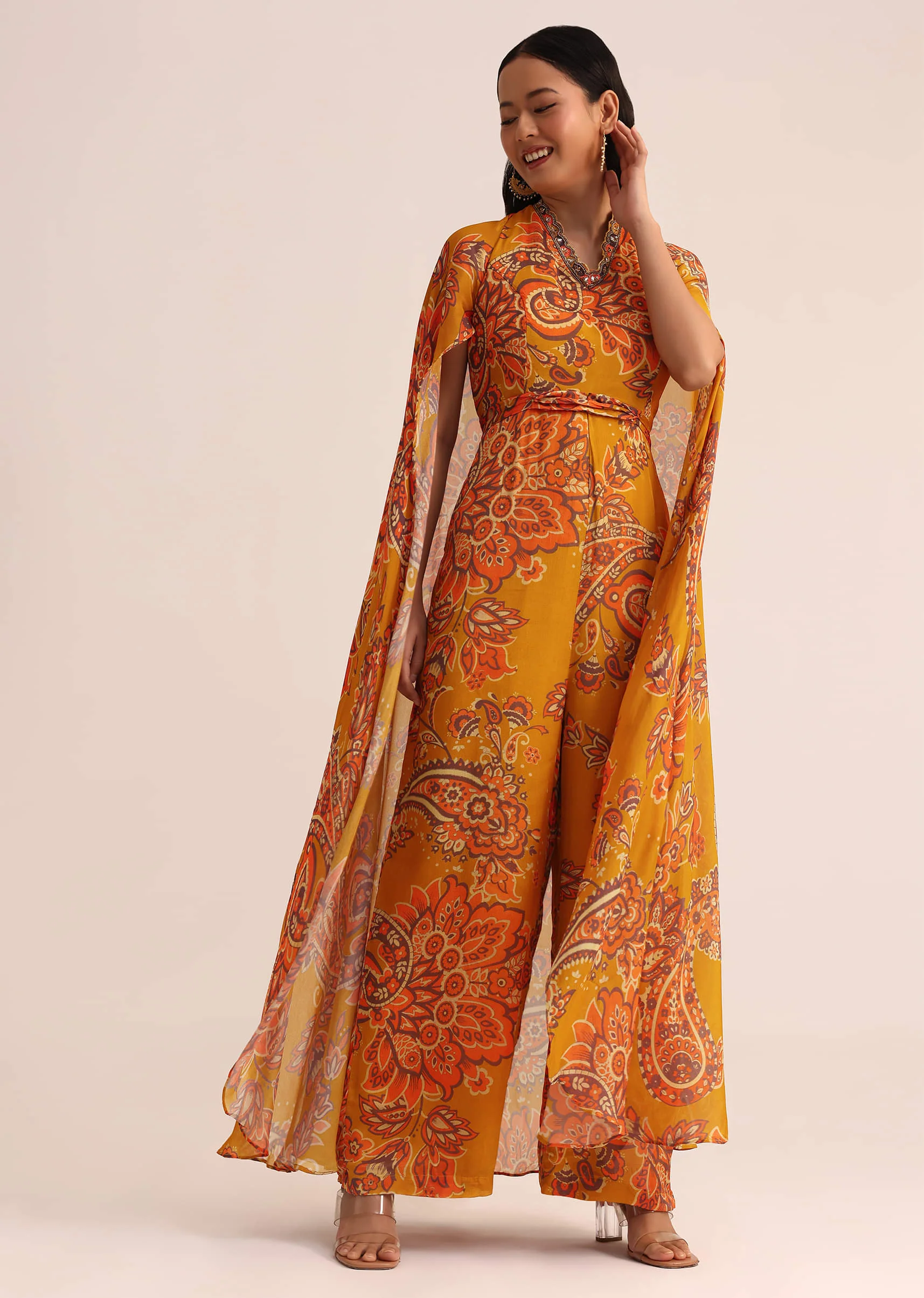Mustard Yellow Printed Chiffon Jumpsuit - Image 6