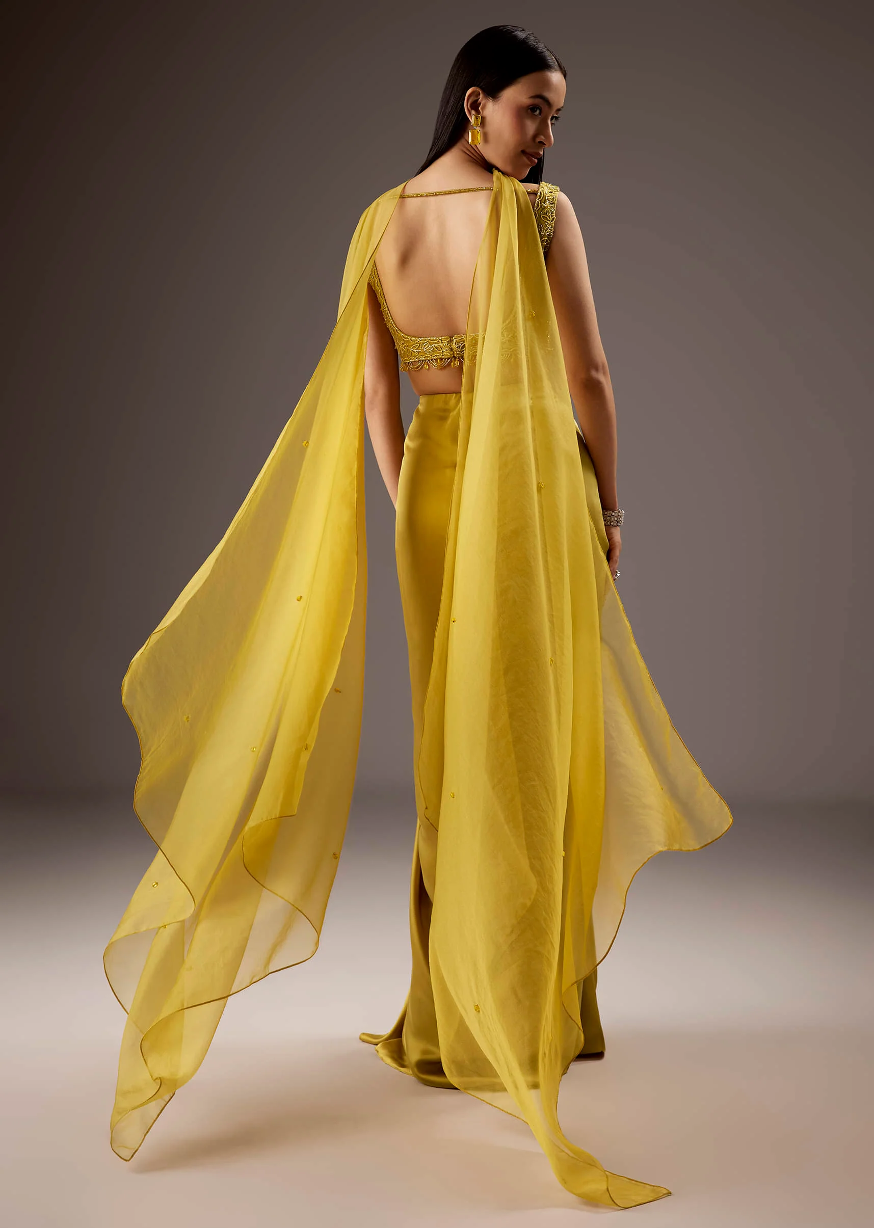 Mustard Yellow Satin Crop Top Skirt With Heavy Embroidery - Image 2