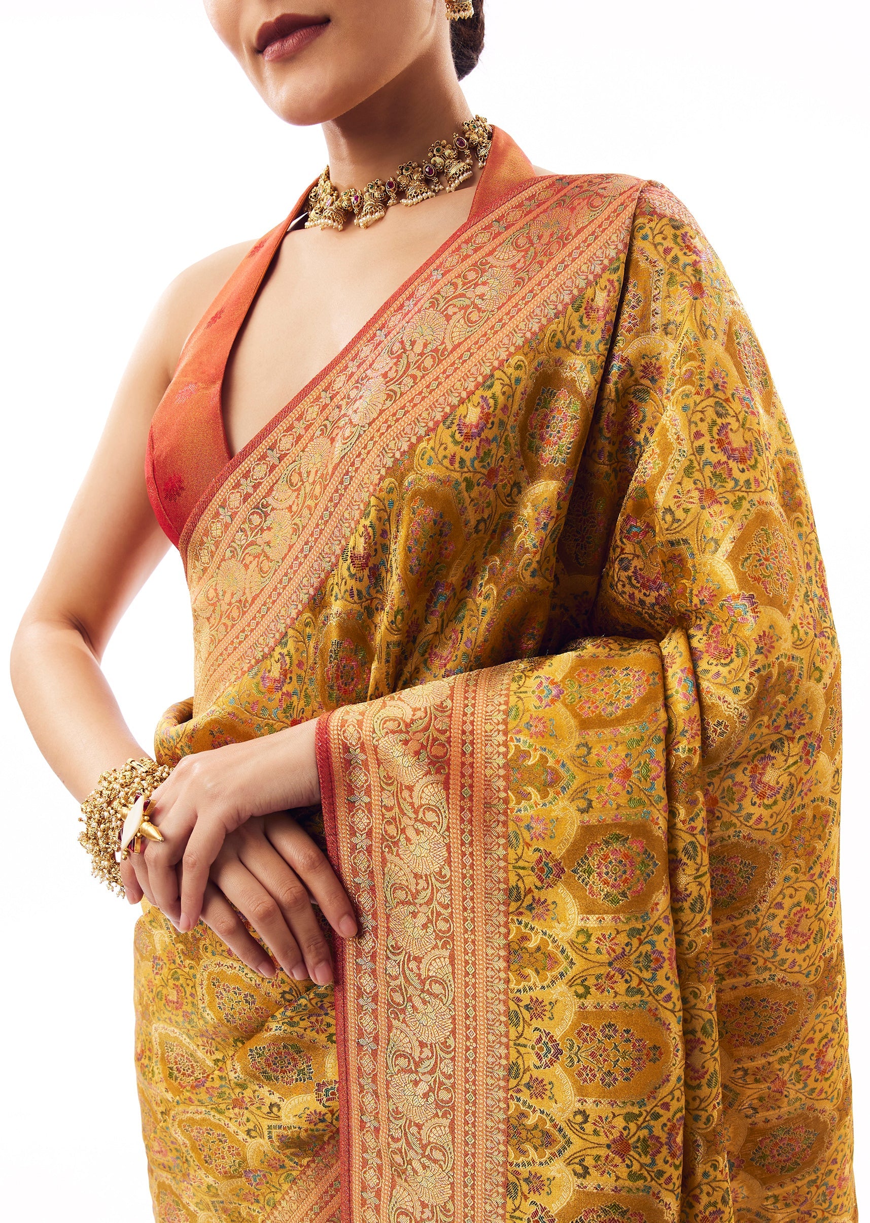 Mustard Yellow Satin Silk Woven Saree - Image 2