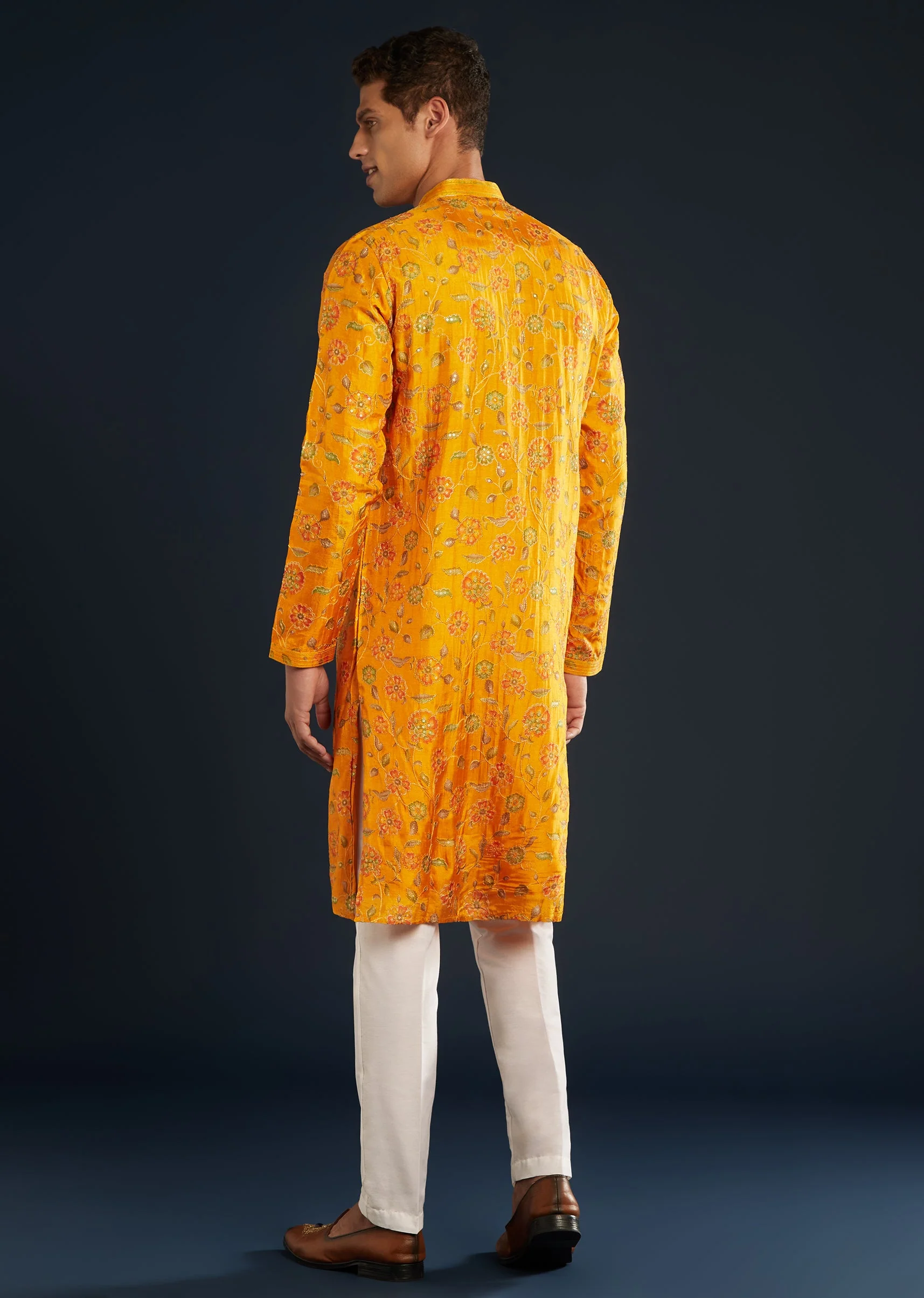 Mustard Yellow Silk Mens Kurta Set with Resham Sequins - Image 5