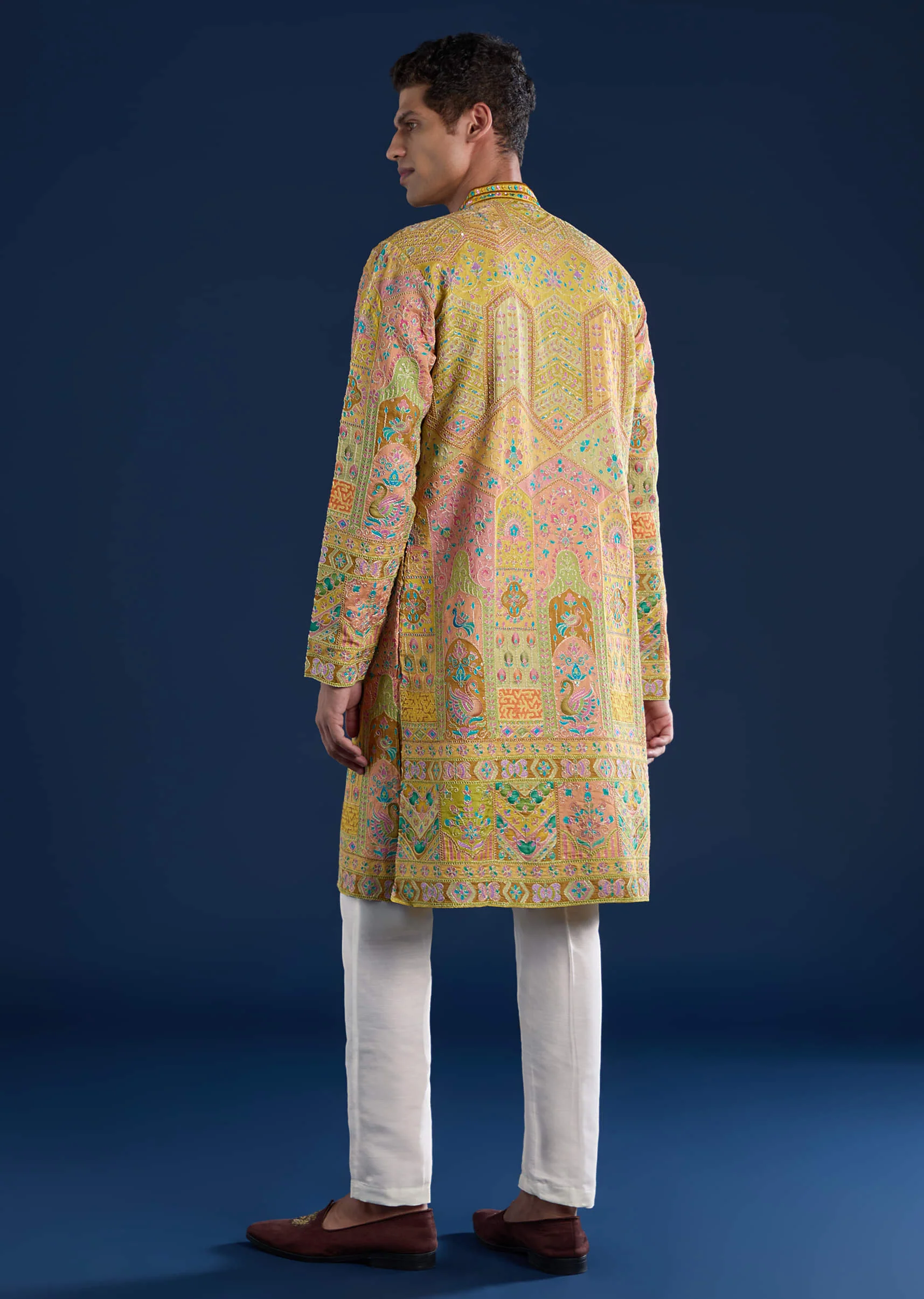 Mustard Yellow Silk Mirror Work Mens Kurta and Pant Set - Image 5