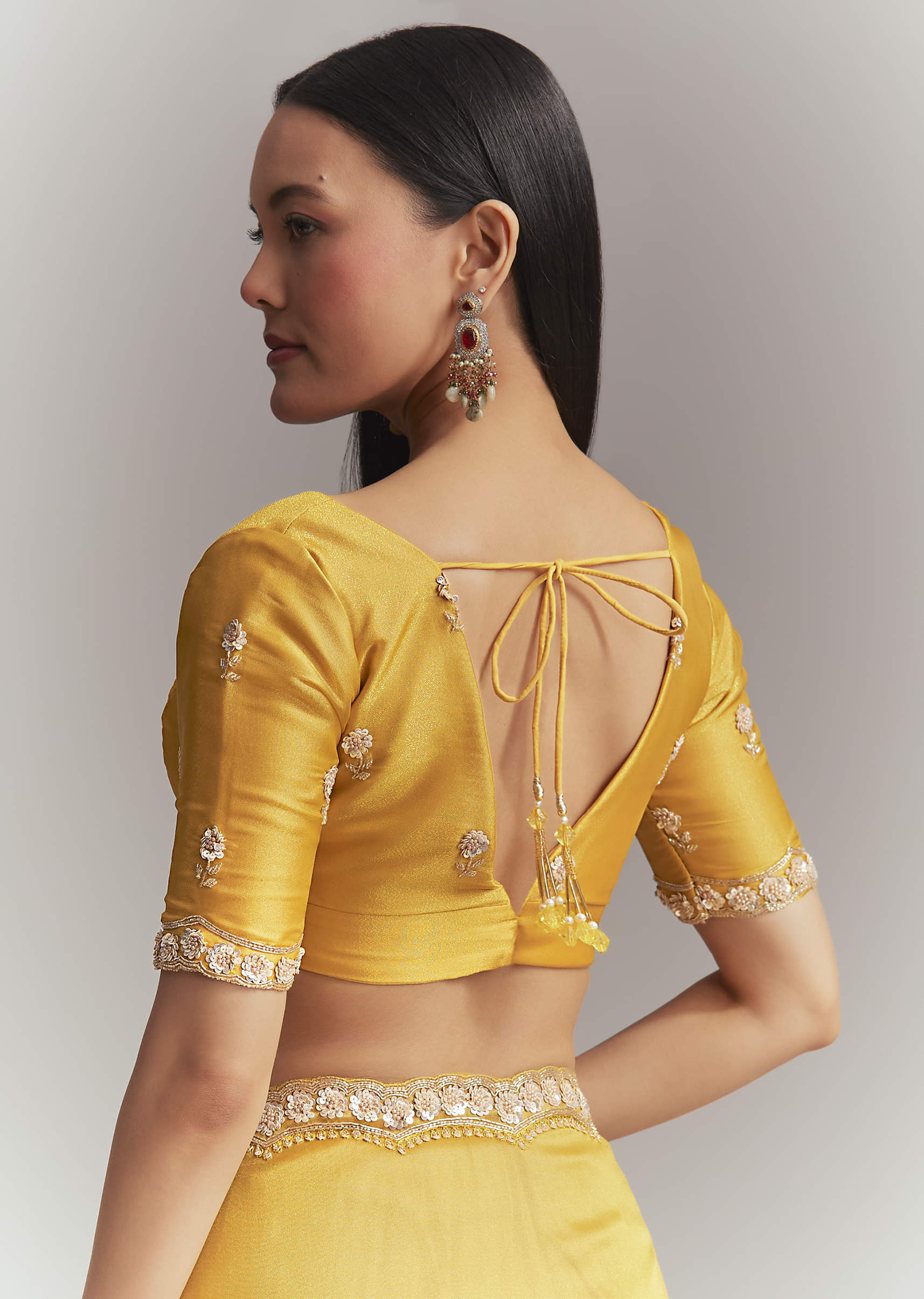 Mustard Yellow Tissue Embroidered Saree With Heavy Hand Embroidery - Image 8