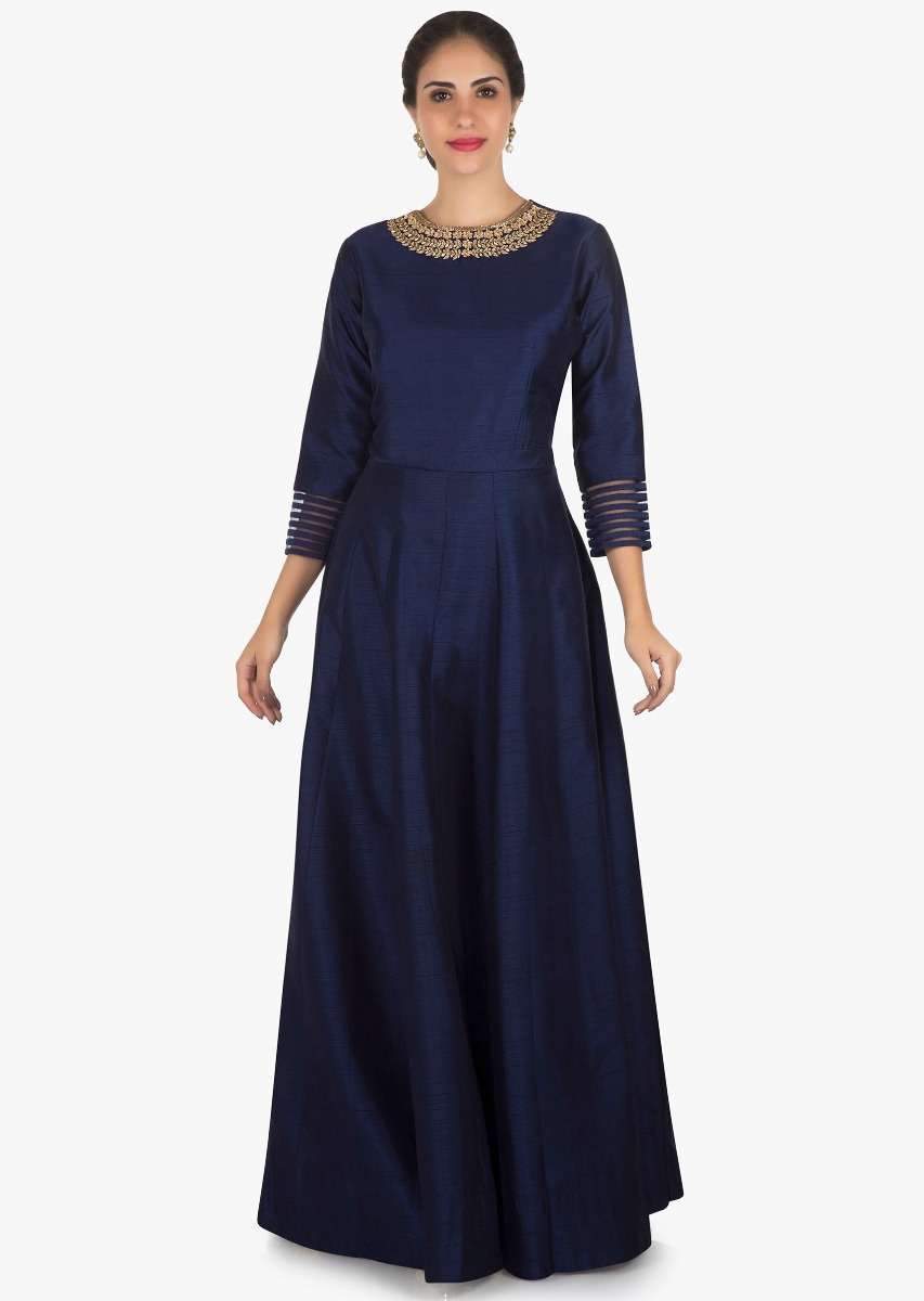 Navy Blue Anarkali Suit In Silk With A Banarasi Brocade Dupatta Adorned In Cutdana And Kundan Work - Image 2