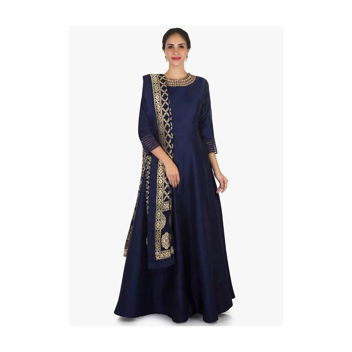 Navy Blue Anarkali Suit In Silk With A Banarasi Brocade Dupatta Adorned In Cutdana And Kundan Work - Image 6