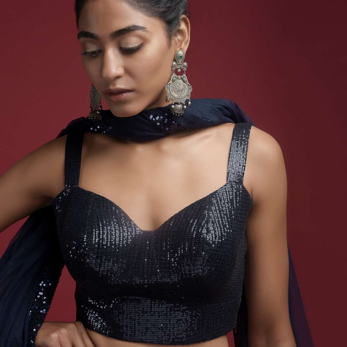Navy Blue Blouse Embellished In Sequins With Corset Neckline - Image 3