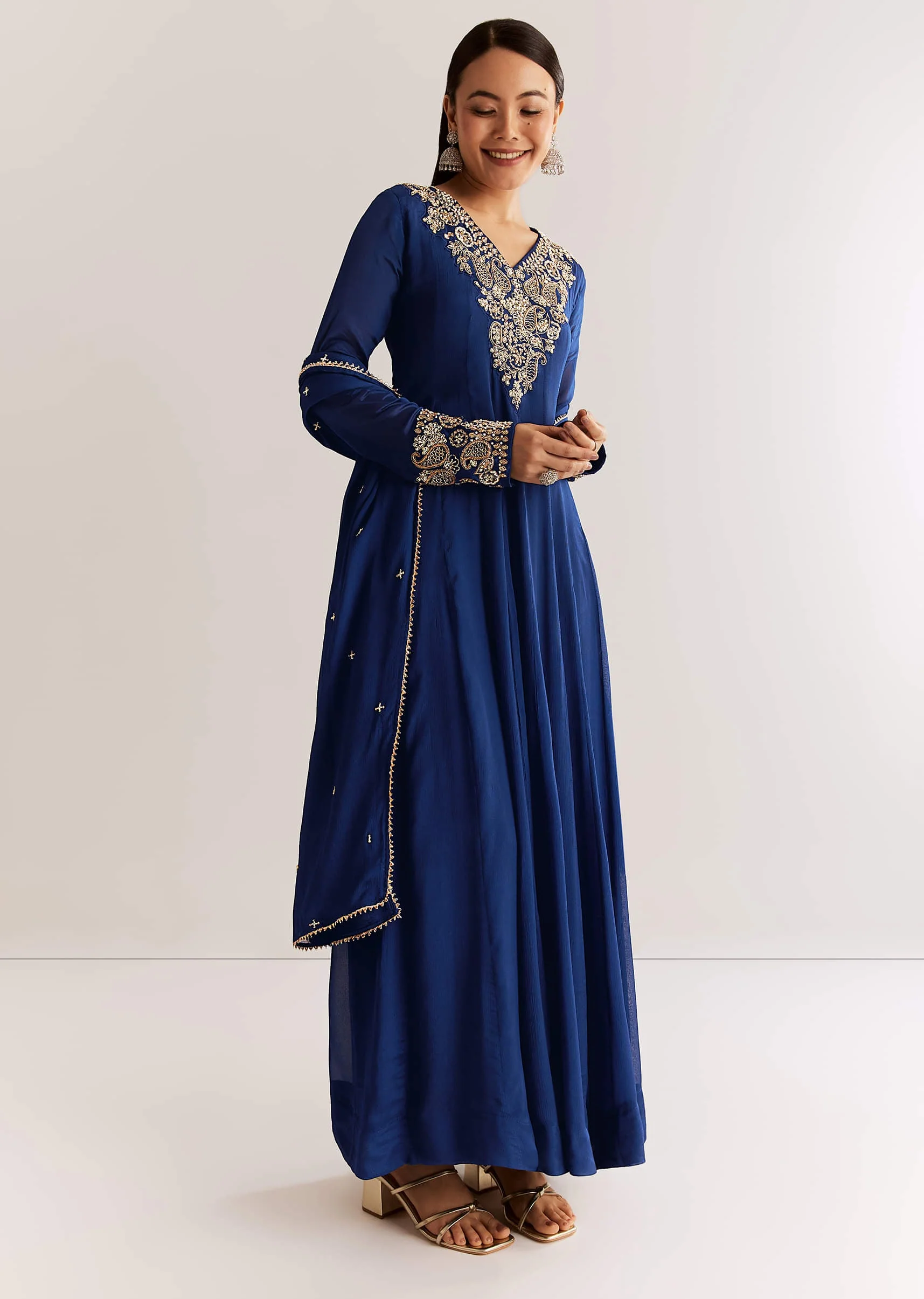 Navy Blue Chinon Anarkali Set With Cutdana Moti And Gotta Lace Dupatta - Image 3
