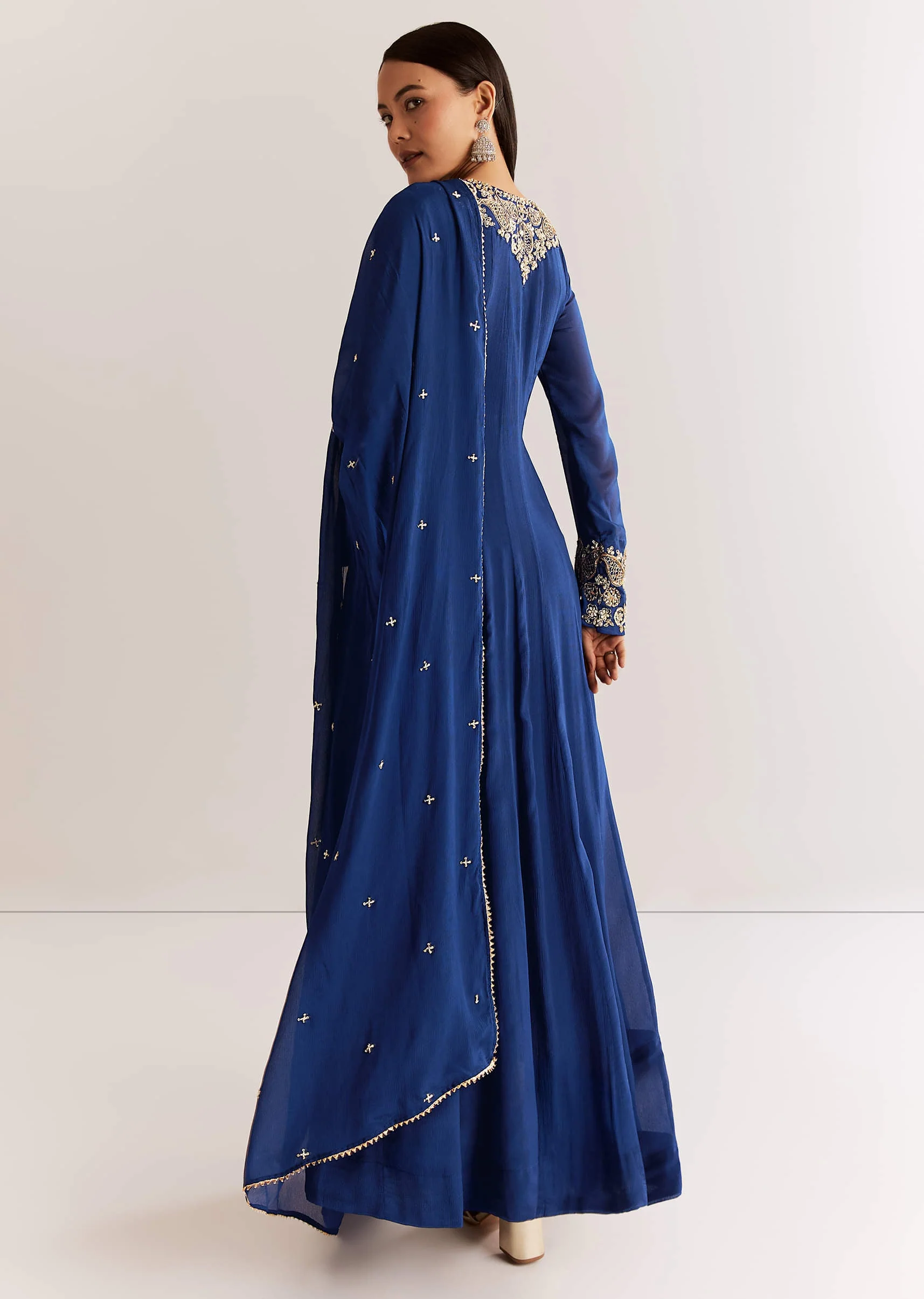 Navy Blue Chinon Anarkali Set With Cutdana Moti And Gotta Lace Dupatta - Image 5