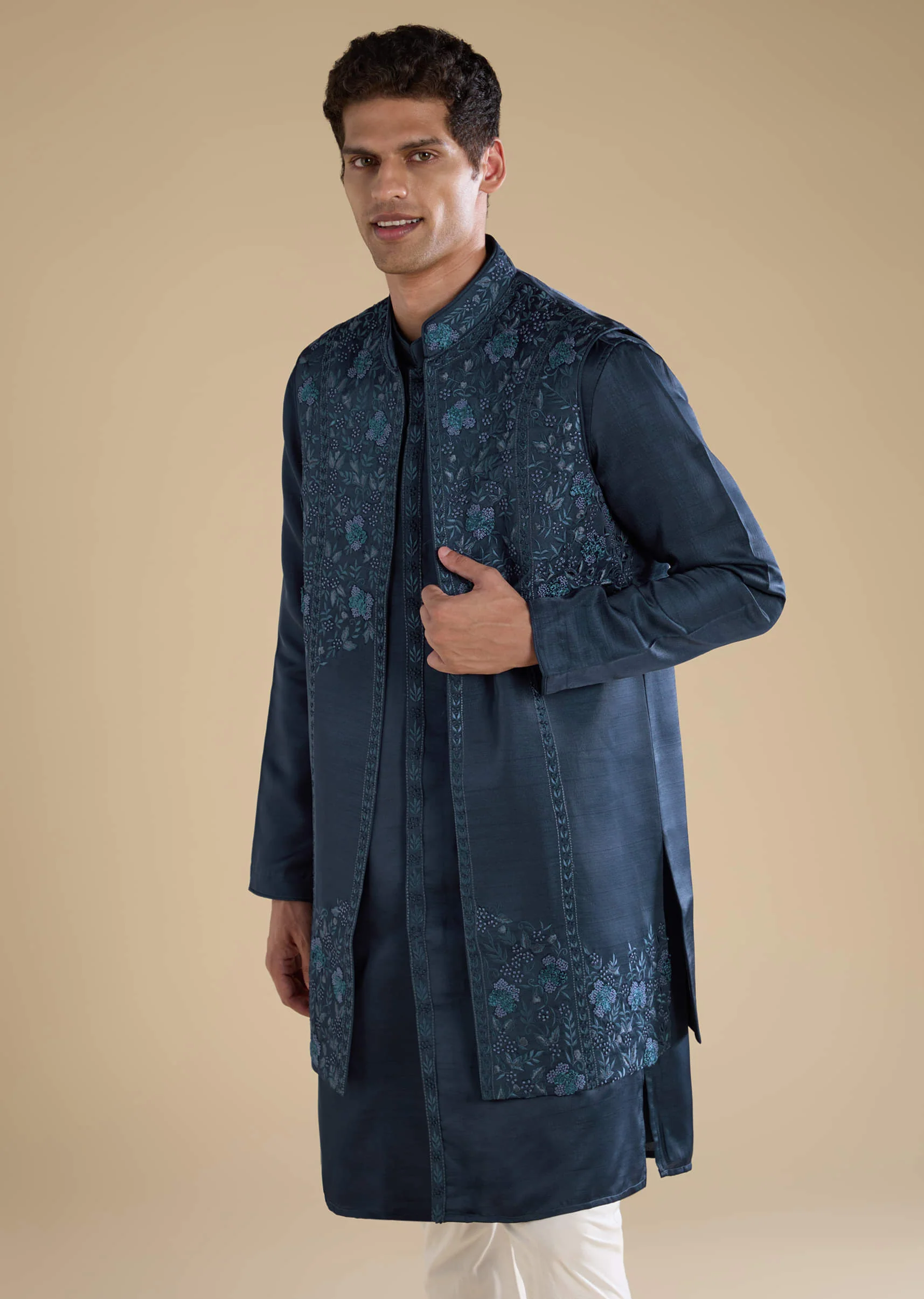 Navy Blue Embroidered Mens Jacket Kurta and Pant Set - Image 4