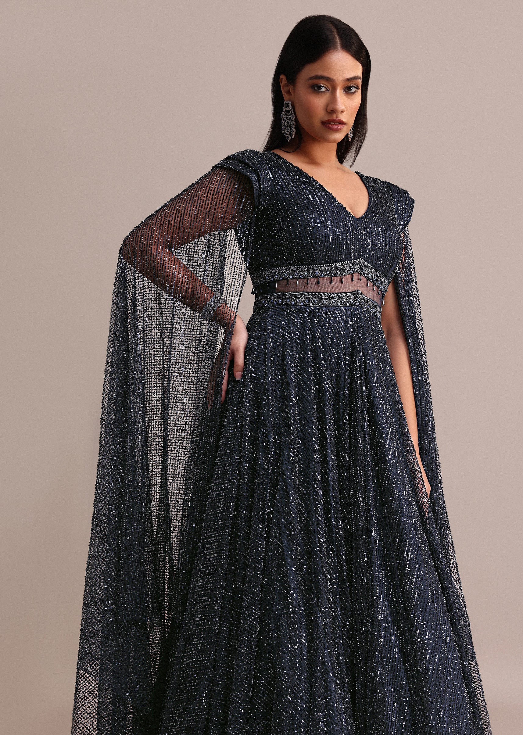 Navy Blue Flared Circular Gown With Wings On Sleeves - Image 4