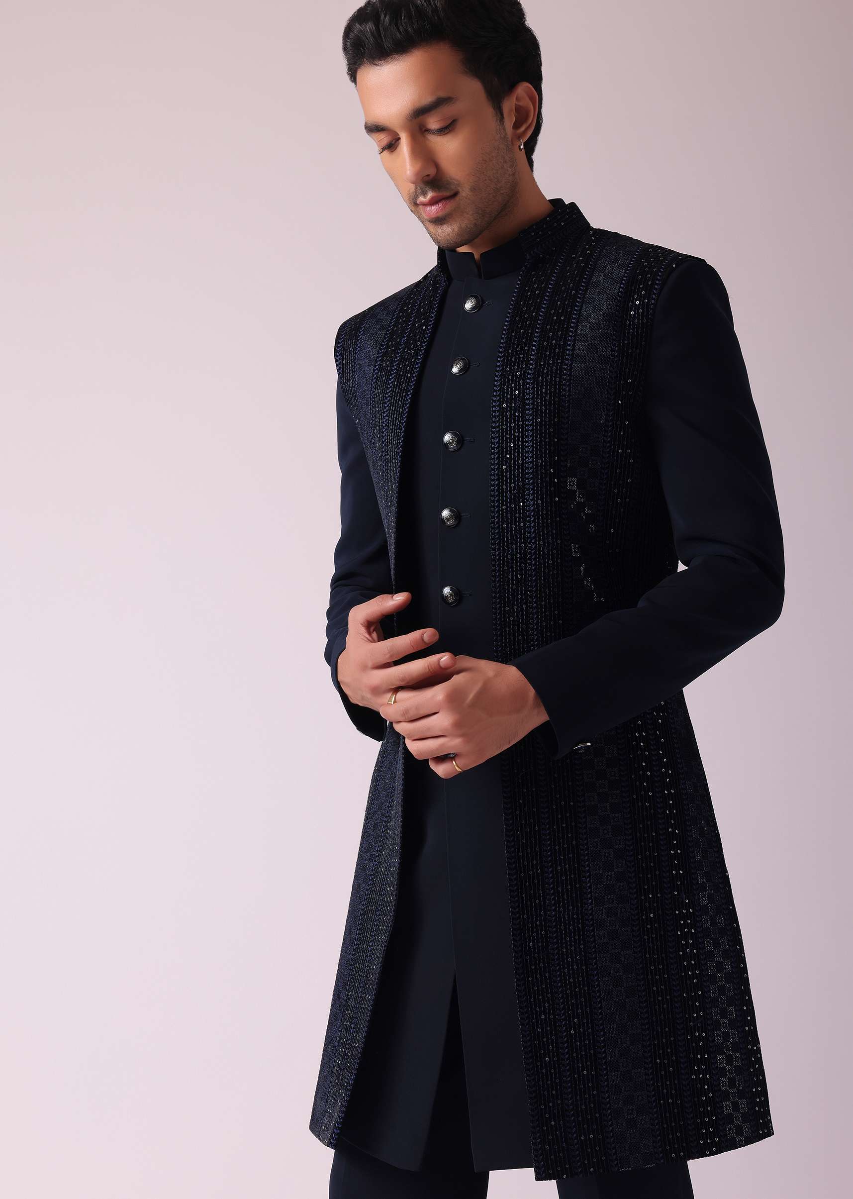 Navy Blue Geometric Patterned Achkan Style Indo Western Set - Image 3
