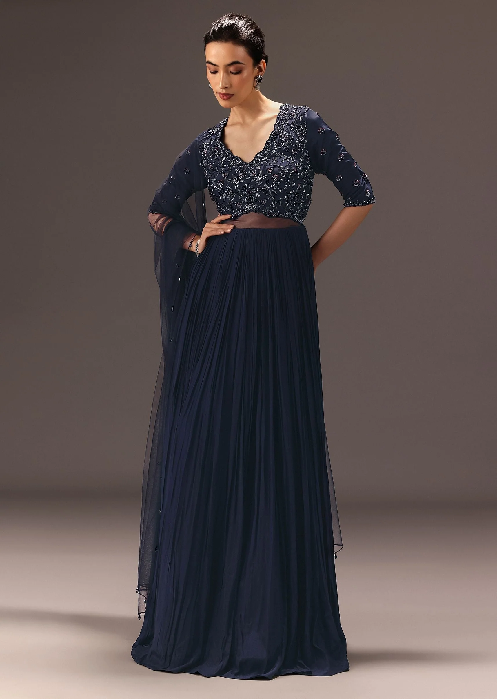 Navy Blue Hand Embroidered Anarkali Suit With Dupatta - Image 3
