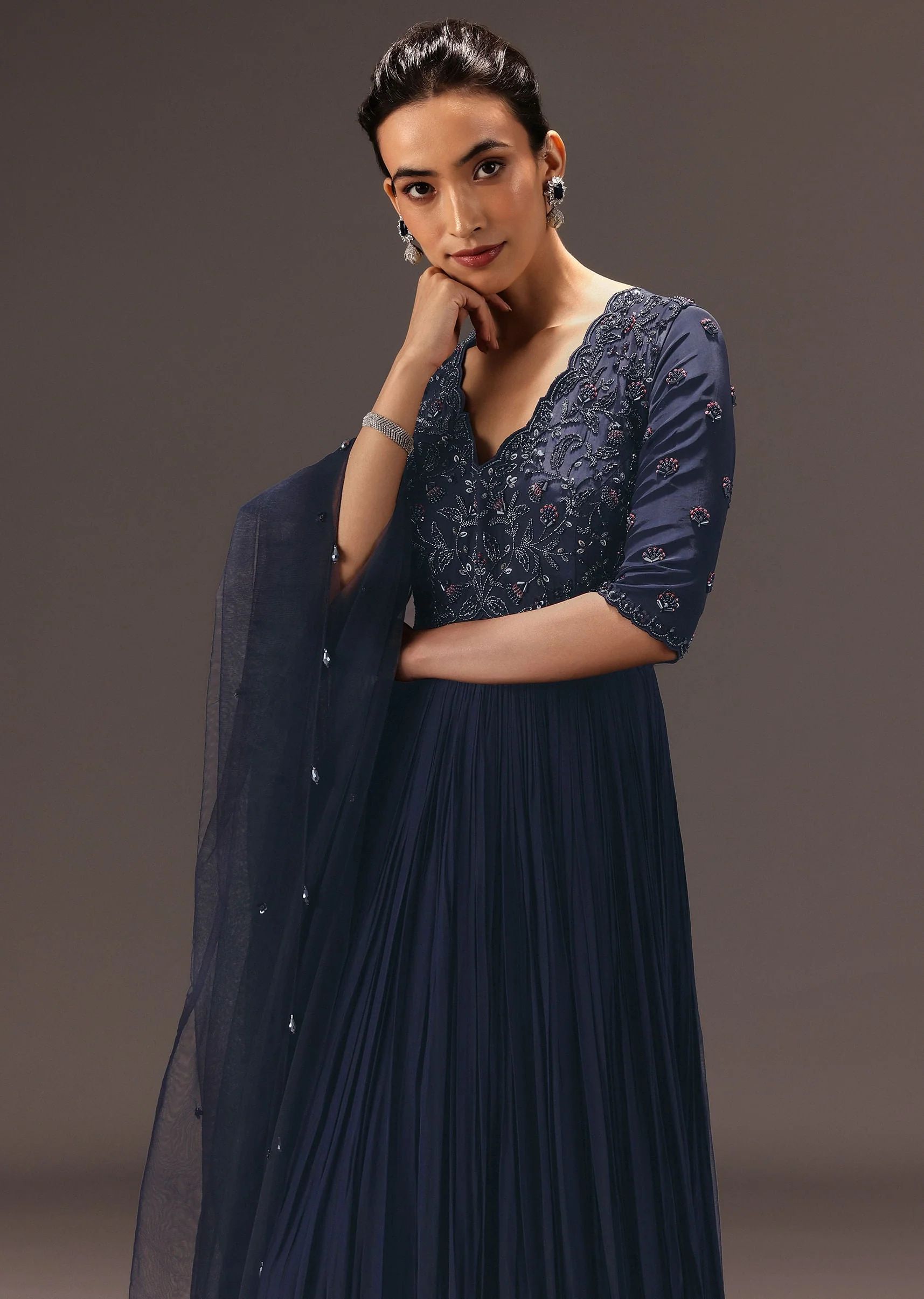 Navy Blue Hand Embroidered Anarkali Suit With Dupatta - Image 4