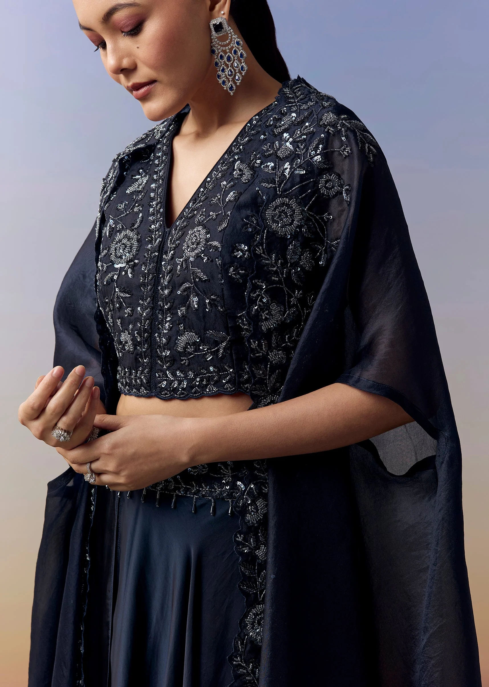 Navy Blue Indo Western Crop Top Skirt Set With Moti Work And Cape - Image 2