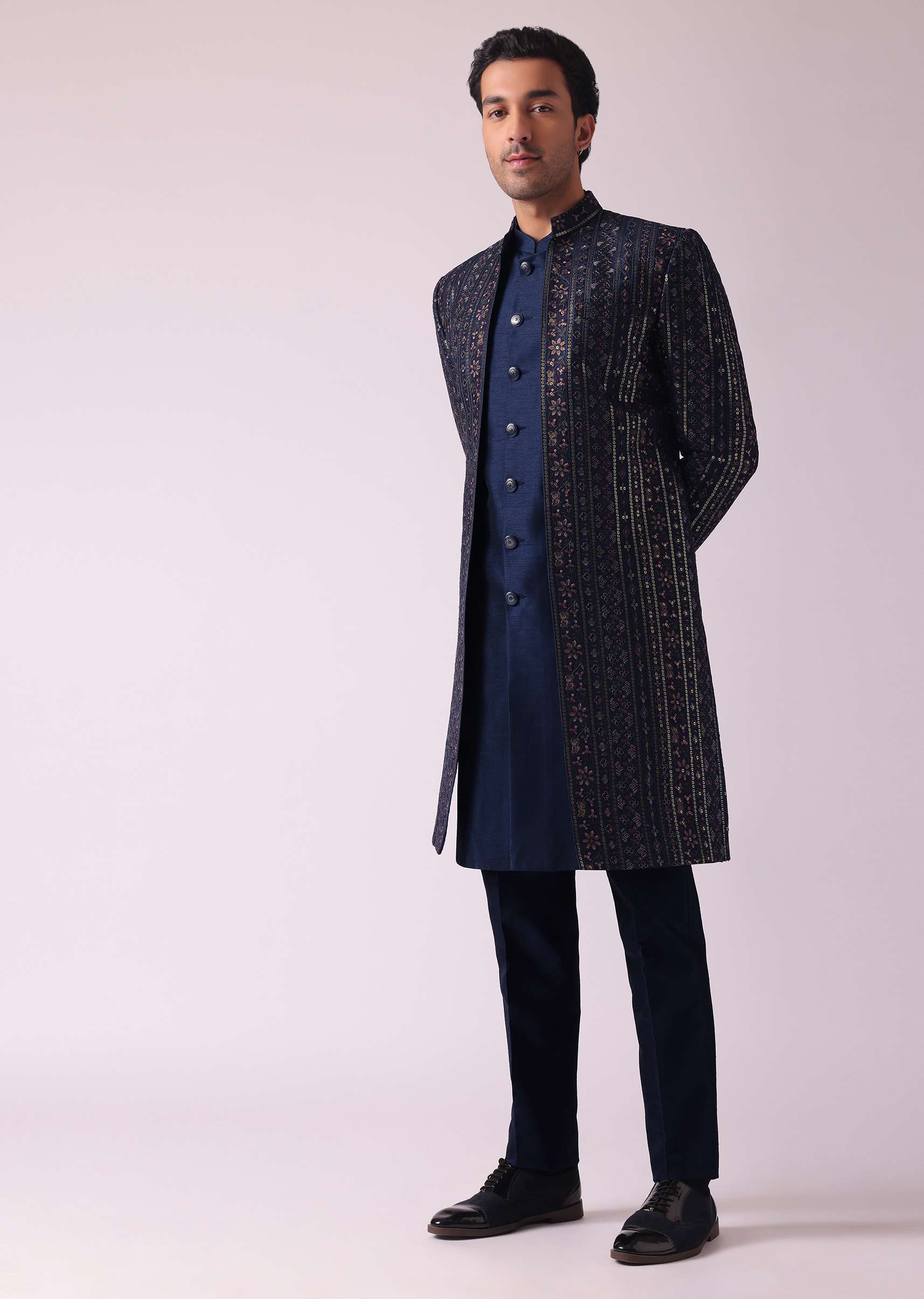 Navy Blue Indowestern Set In Dupion - Image 4