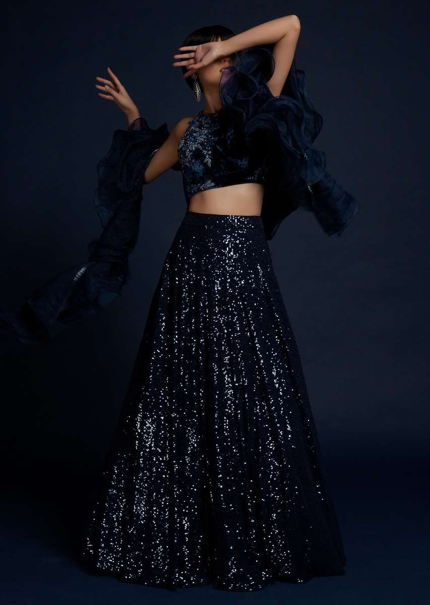 Navy Blue Lehenga Embellished In Sequins With Cut Dana Embellished Crop Top And Ruffle Dupatta - Image 4