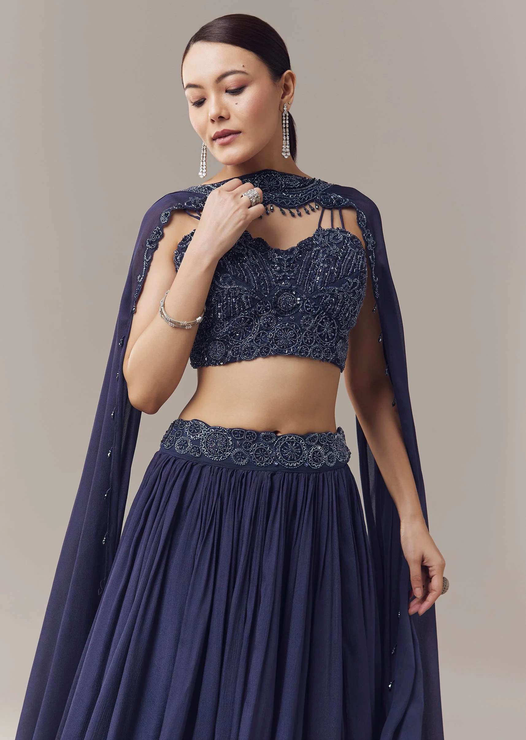 Navy Blue Lehenga With Beads Sequins And Cut Dana Work - Image 4
