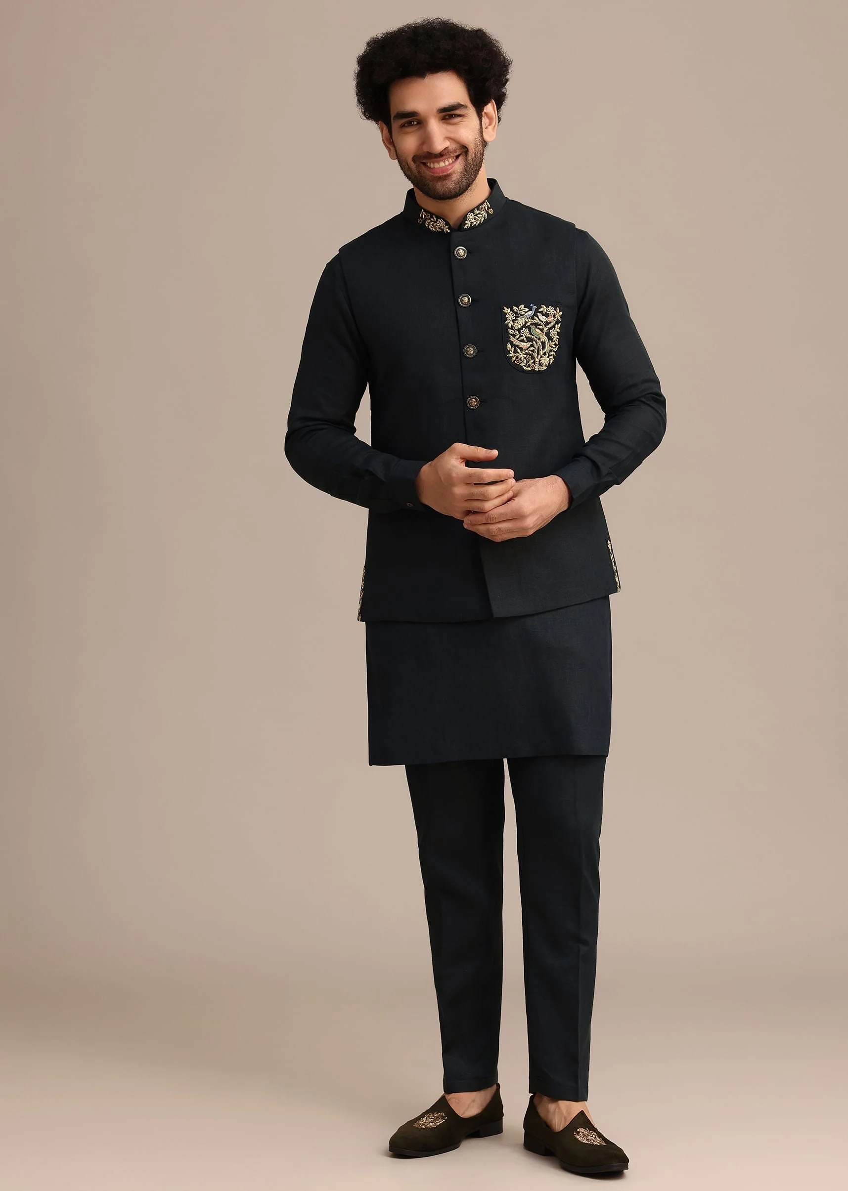 Navy Blue Linen Zardosi Embroidered Jacket Kurta Set - Image 2